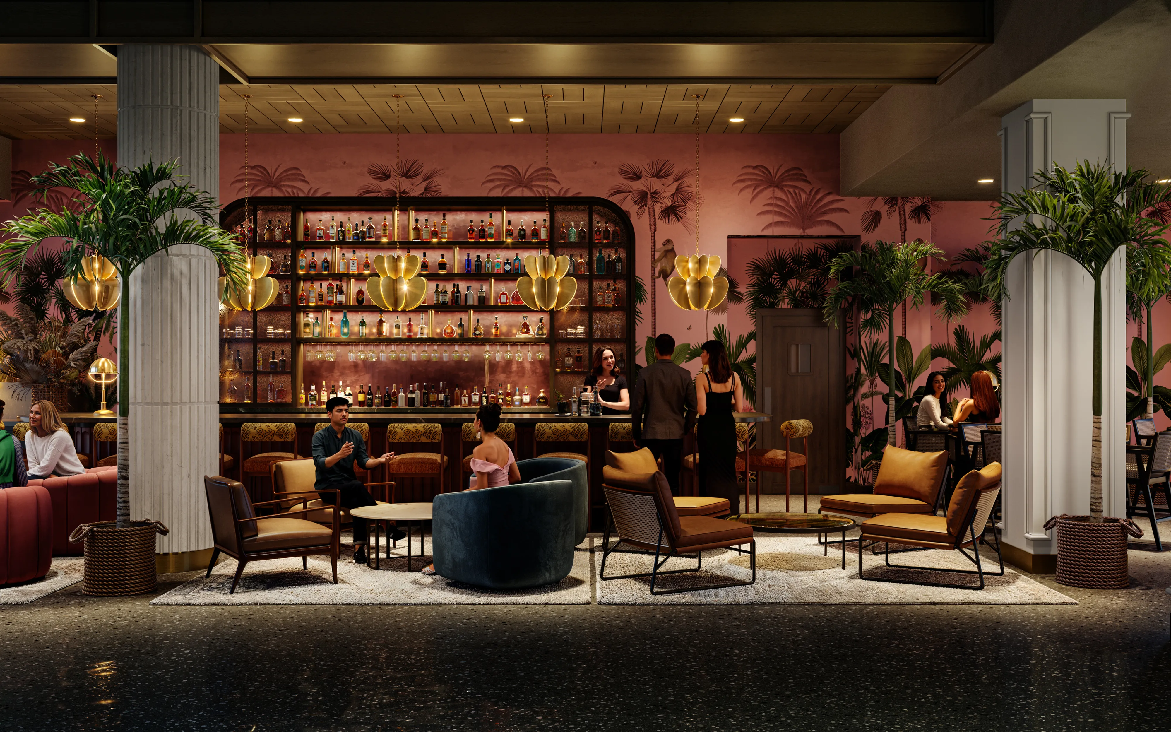 Chic lounge bar with elegant decor, plush seating, and a vibrant atmosphere.