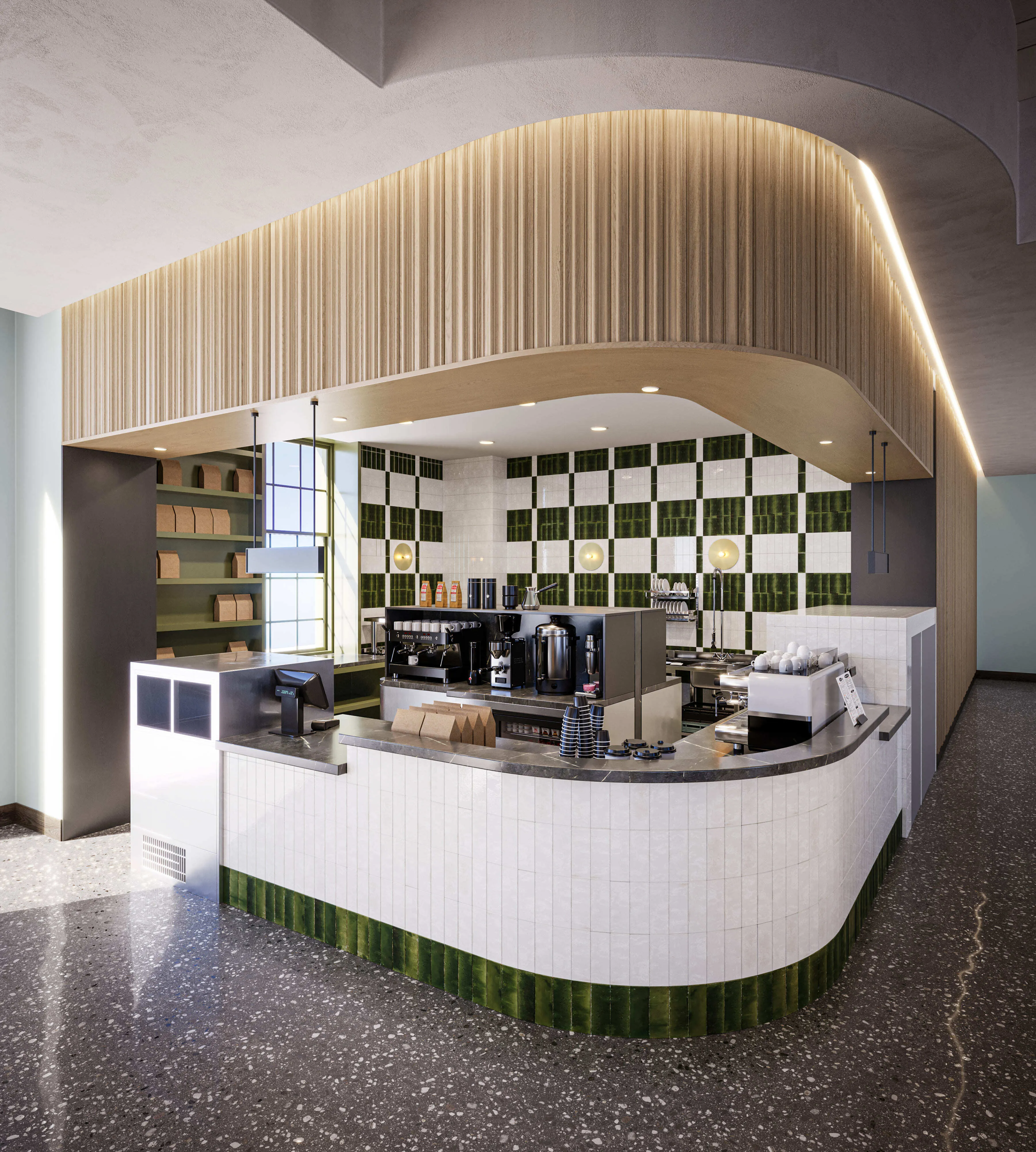 Chic modern cafe corner featuring a stylish coffee bar, green and white tile accents, and ample counter space for a relaxed ambiance.