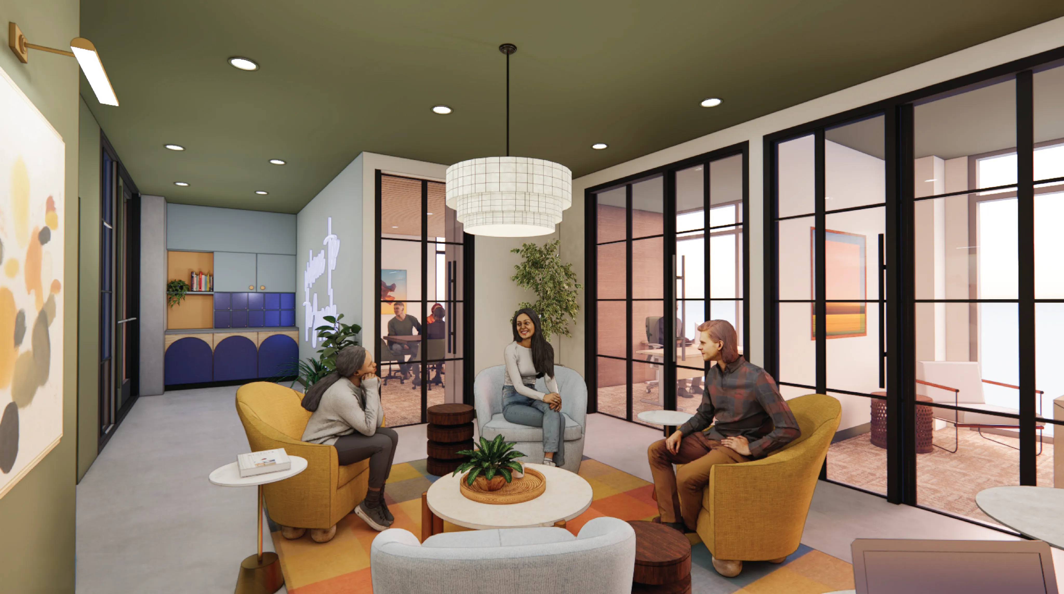 Modern co-working lounge featuring stylish furniture, warm lighting, and vibrant decor perfect for collaborative meetings.