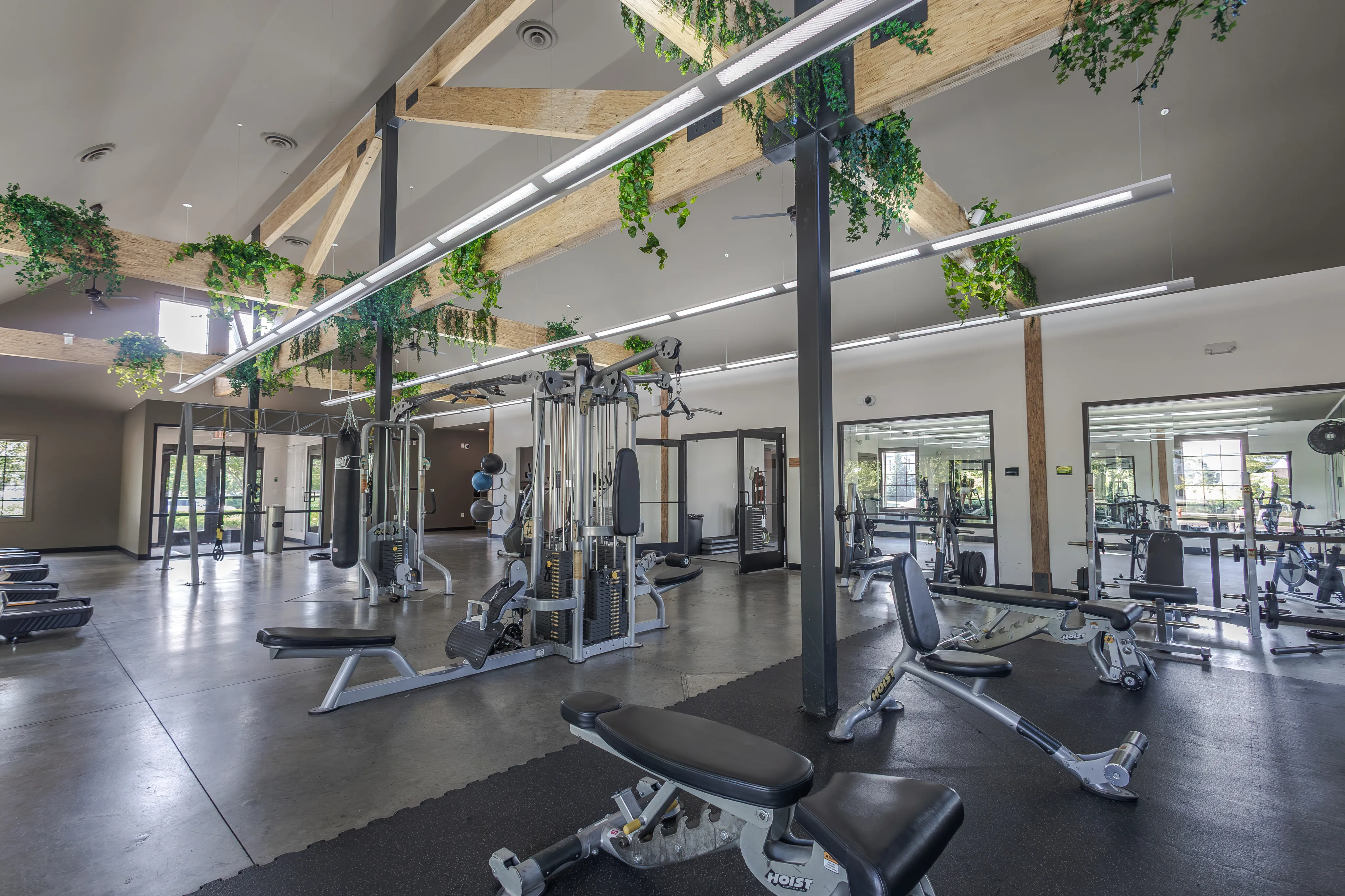 Spacious fitness center with modern gym equipment, natural light, and stylish greenery for an invigorating workout experience.