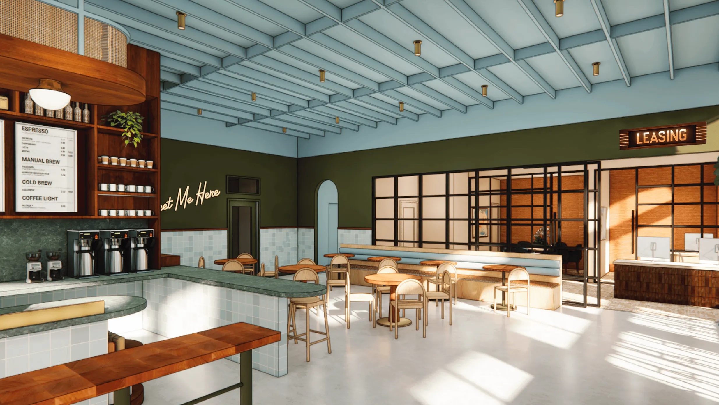 Inviting communal area with modern coffee bar and casual seating under a stylish ceiling, adjacent to leasing office.