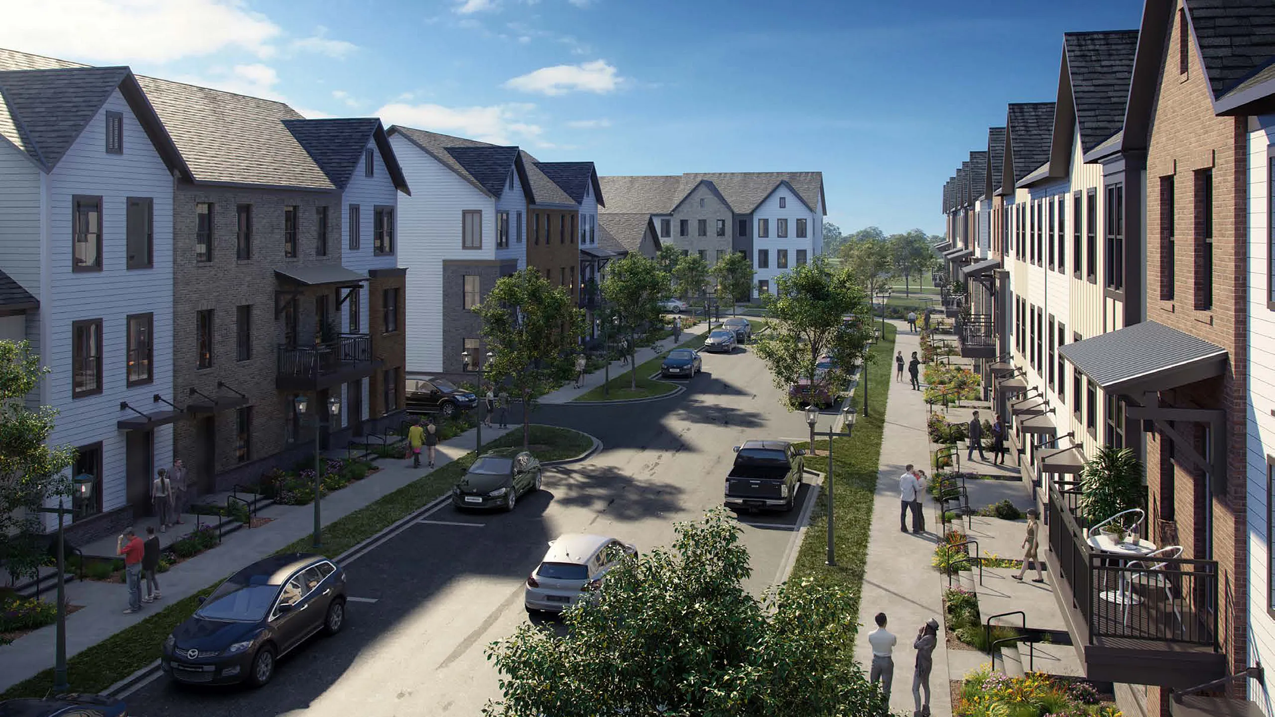 Charming suburban street lined with modern townhouses, lush greenery, and a lively community atmosphere.