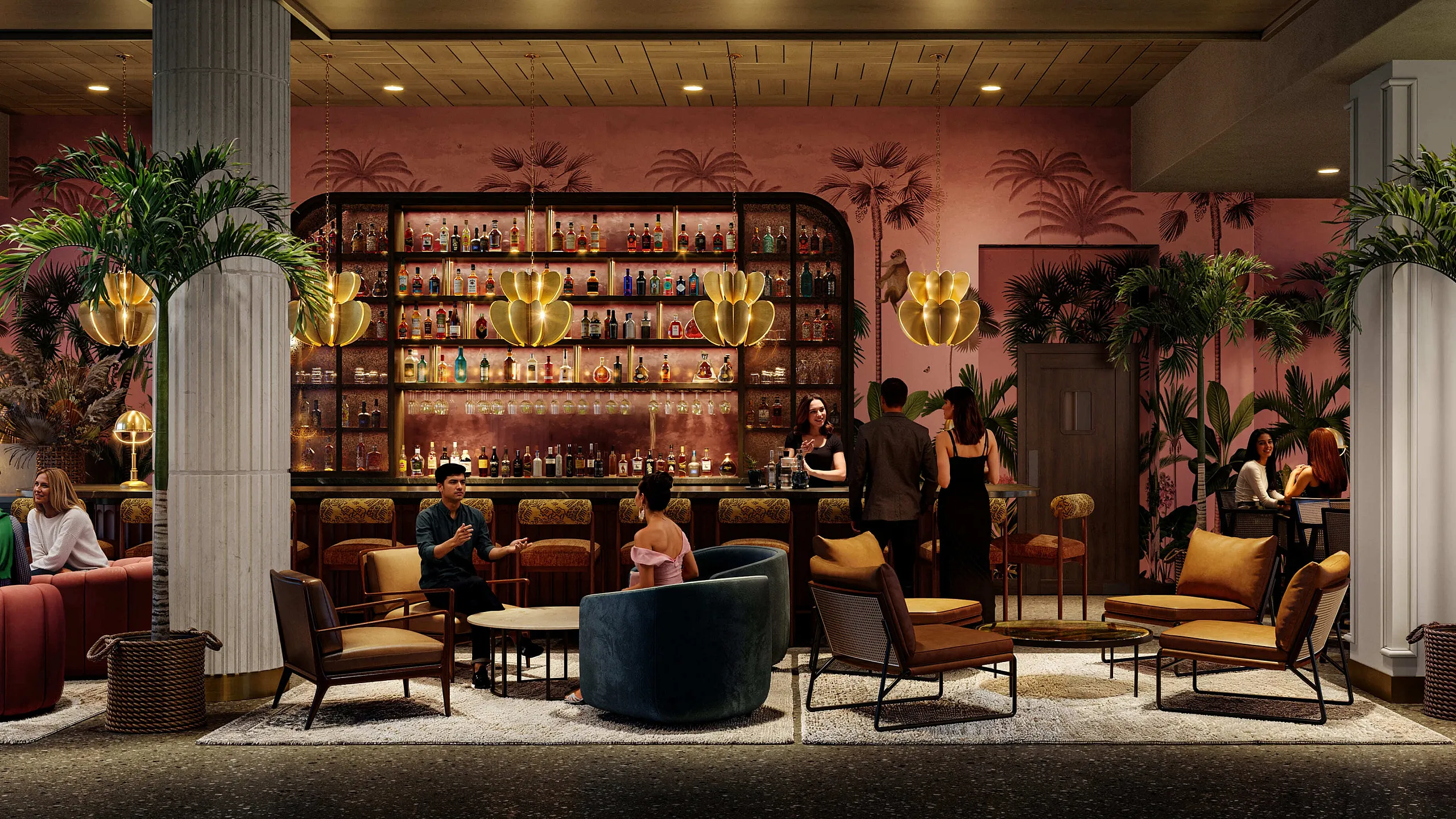 Chic lounge bar with elegant seating, lush green decor, and ambient lighting, creating a sophisticated atmosphere for socializing.