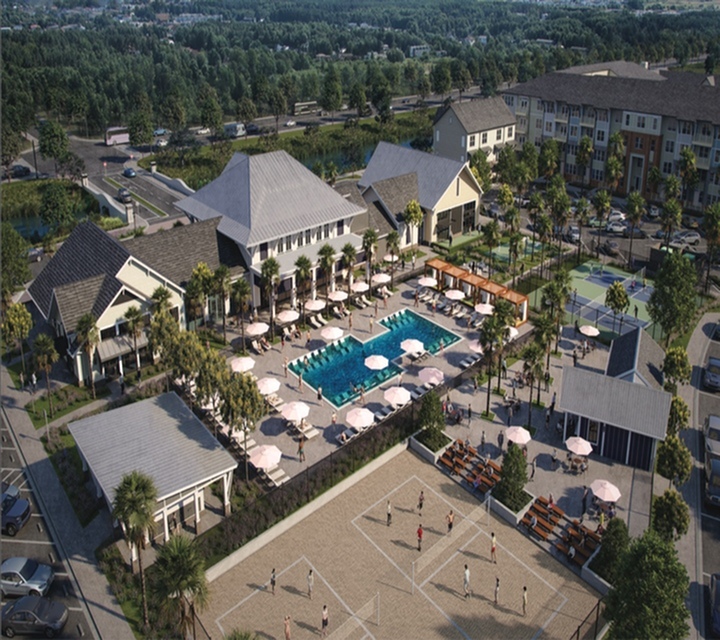 Luxurious apartment complex featuring a sparkling swimming pool, elegant sun loungers, and surrounded by lush greenery and modern amenities.
