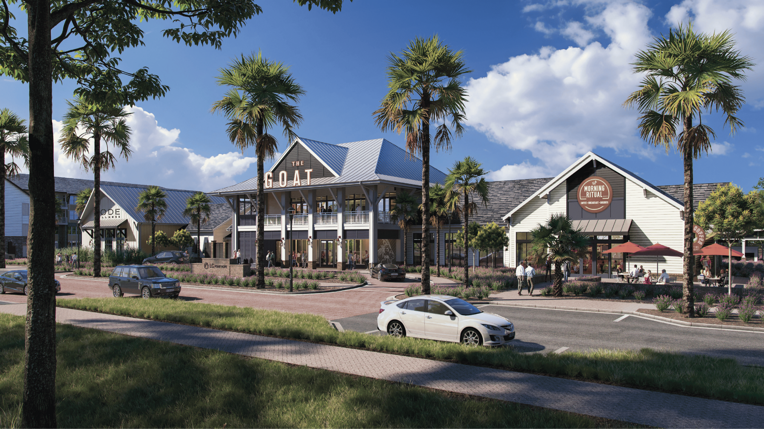 Charming outdoor view of a vibrant community center surrounded by palm trees, showcasing a welcoming coffee shop and dining area under a clear blue sky.