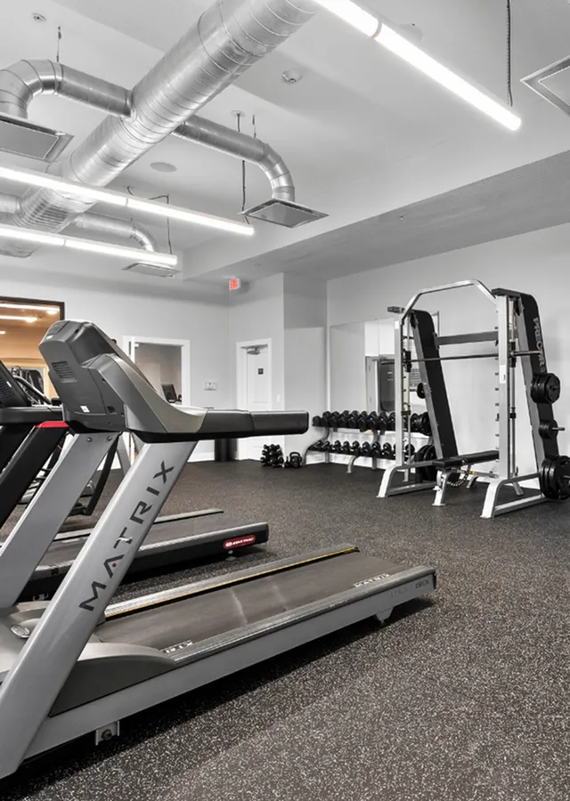 Modern fitness center with state-of-the-art equipment including treadmills, weights, and benches, featuring sleek industrial design and ample lighting.