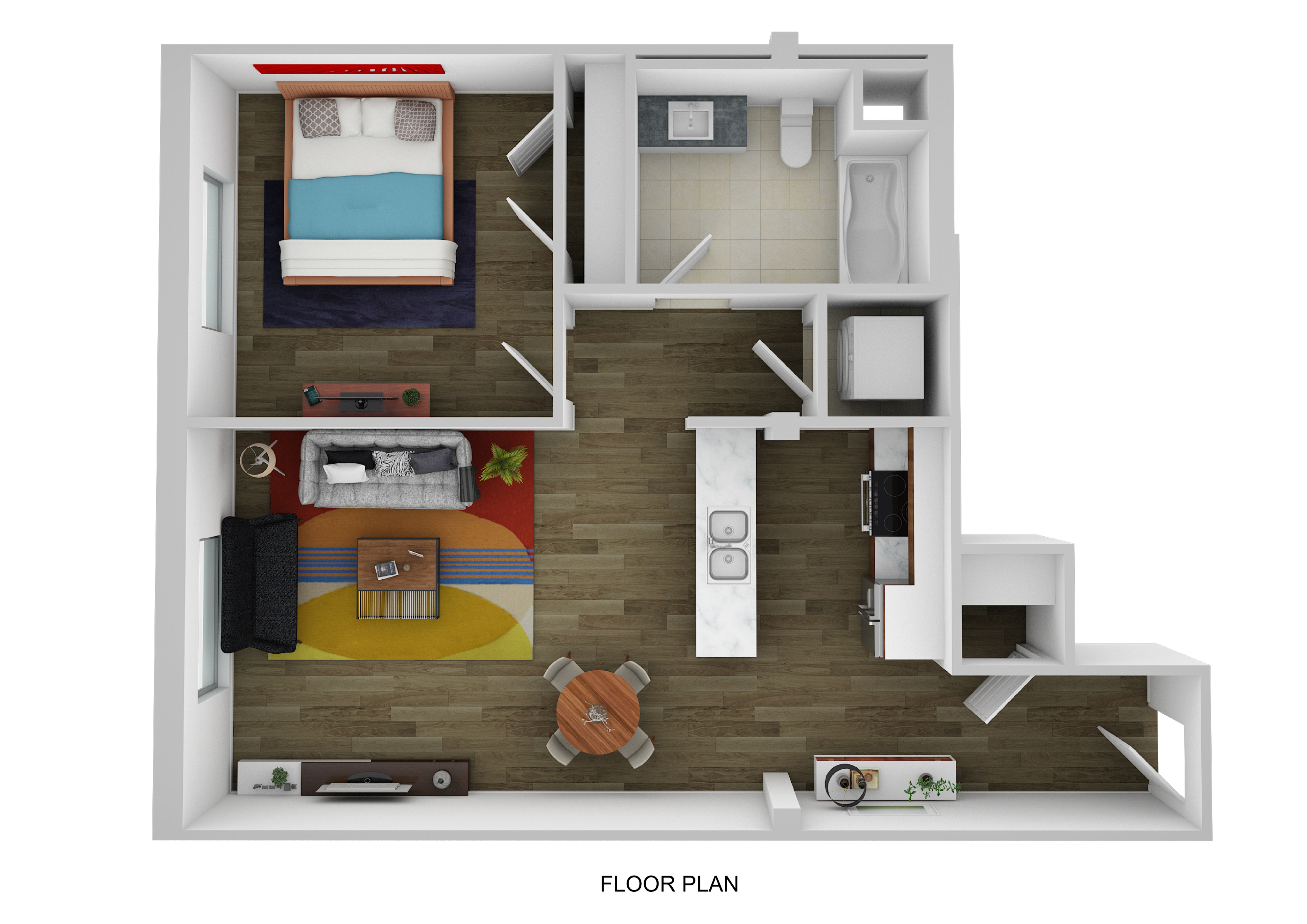 Contemporary 3D floor plan showcasing a cozy one bedroom with an adjacent spacious living area, modern kitchen, and sleek bathroom.