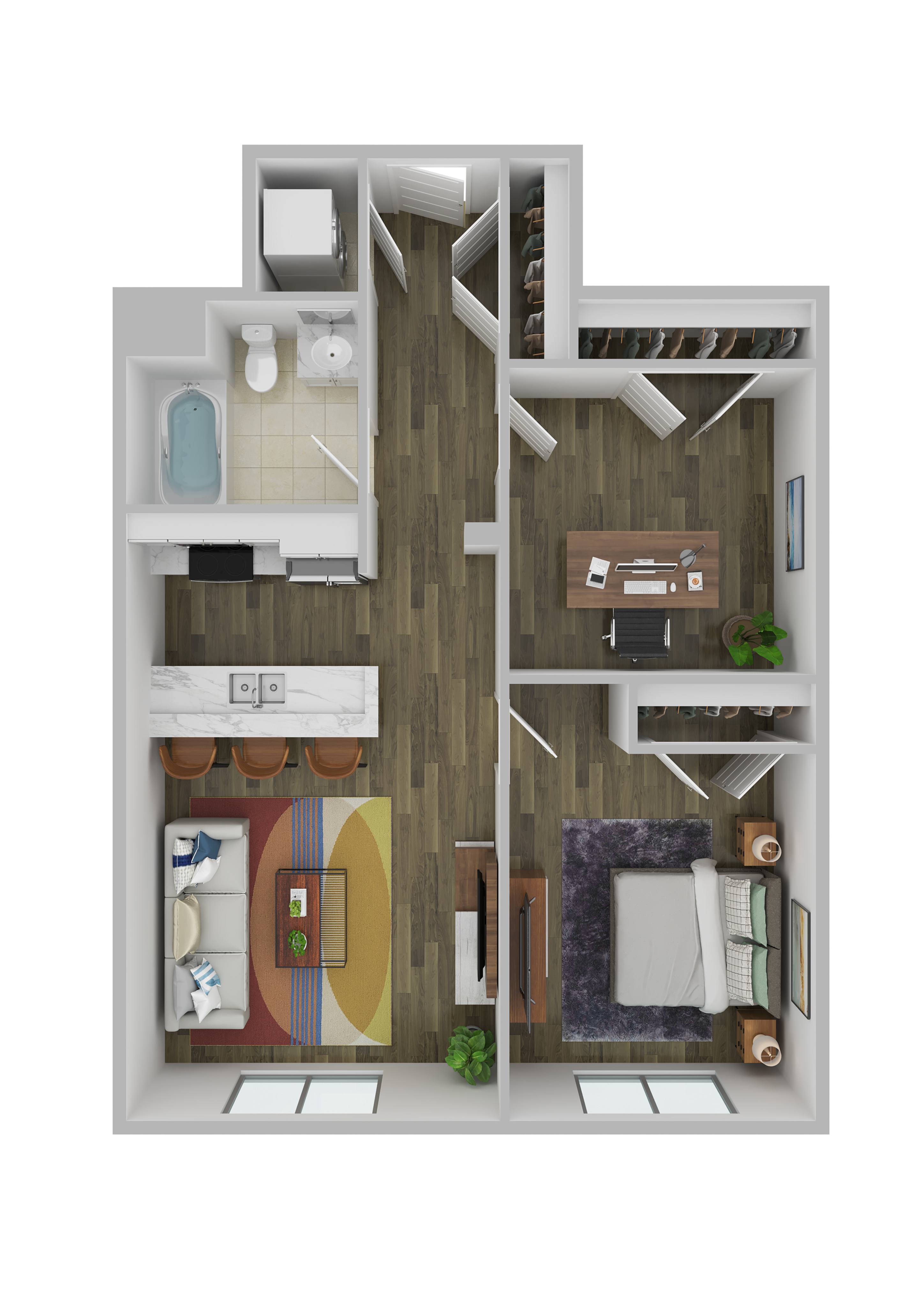 Modern 3D floor plan showcasing a sleek apartment with one bedroom, cozy living room, stylish kitchen with bar seating, and a well-appointed bathroom.