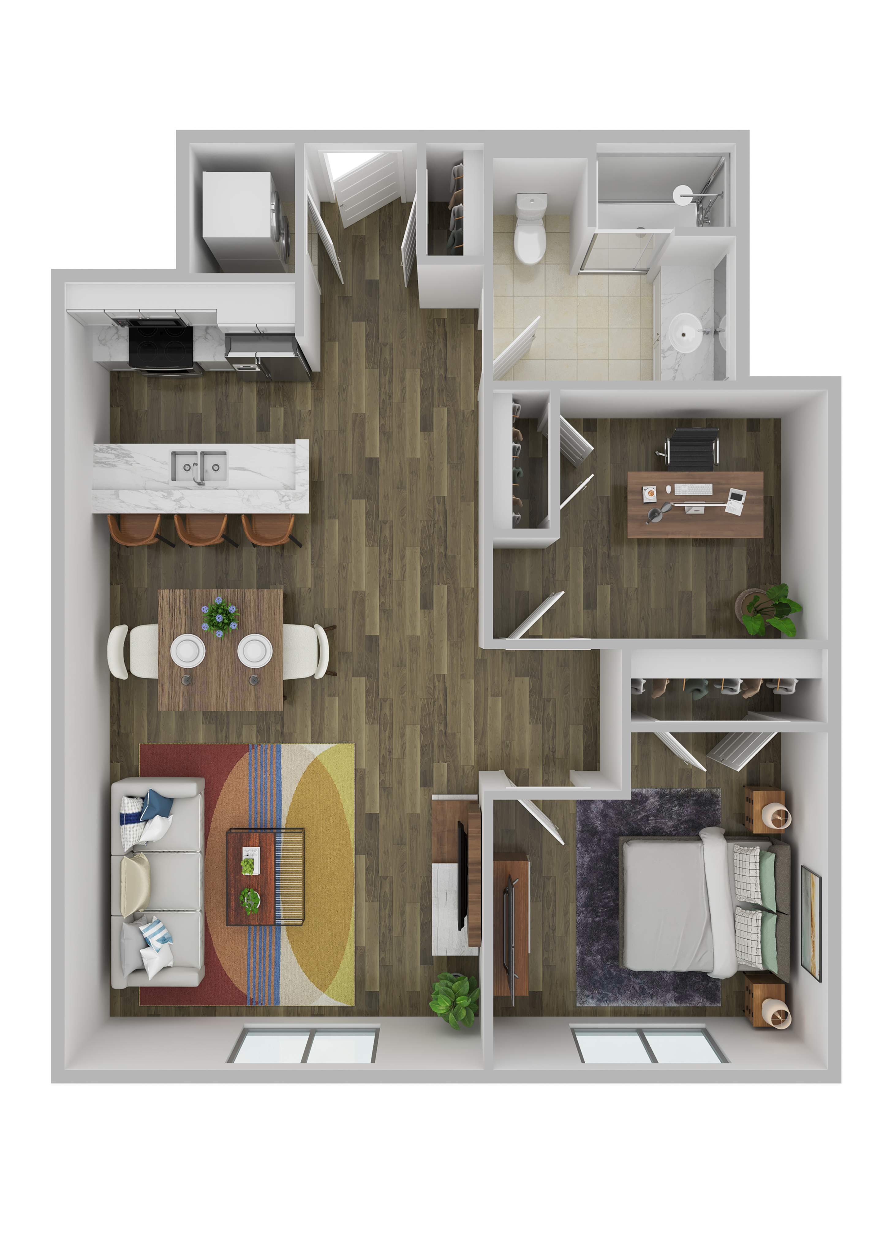 Modern 3D floor plan showcasing a stylish 1-bedroom apartment with a cozy living room, functional office space, and sleek kitchen layout.