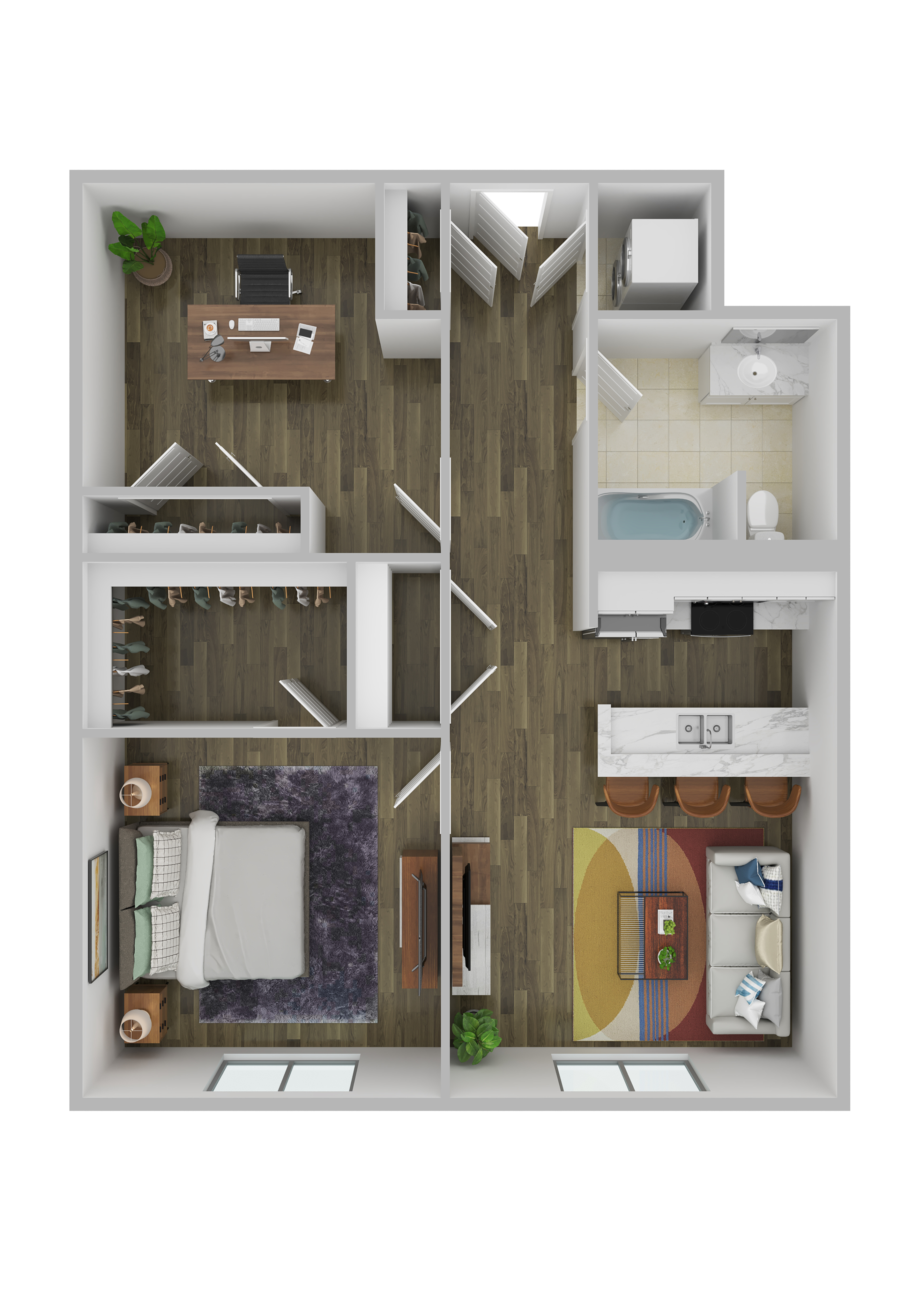 Contemporary 2D floor plan showcasing a cozy 1-bedroom apartment with home office, modern kitchen, inviting living area, and stylish bathroom.