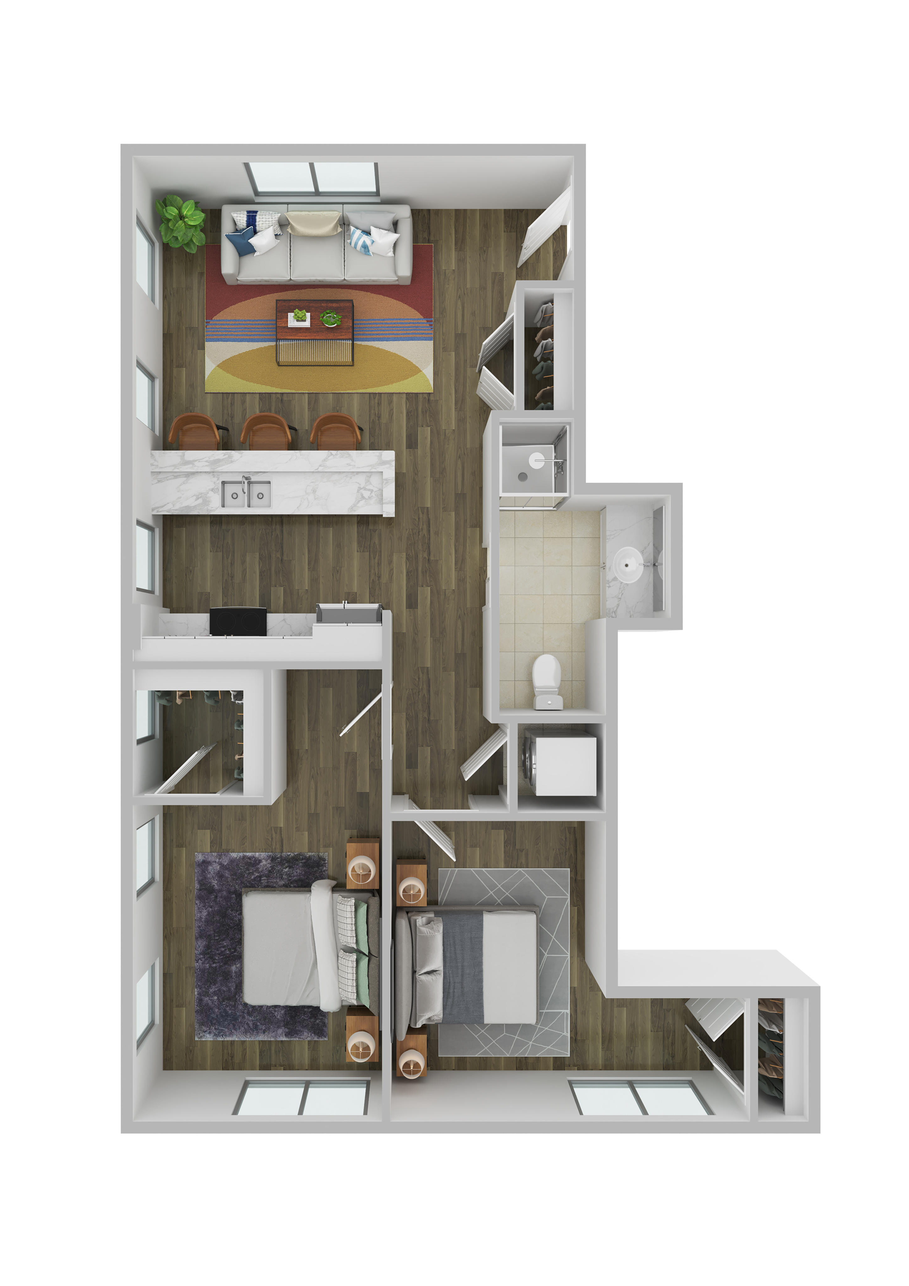 Modern floor plan featuring two cozy bedrooms, a spacious living area with elegant furnishings, an open-concept kitchen with a breakfast bar, and a well-appointed bathroom.