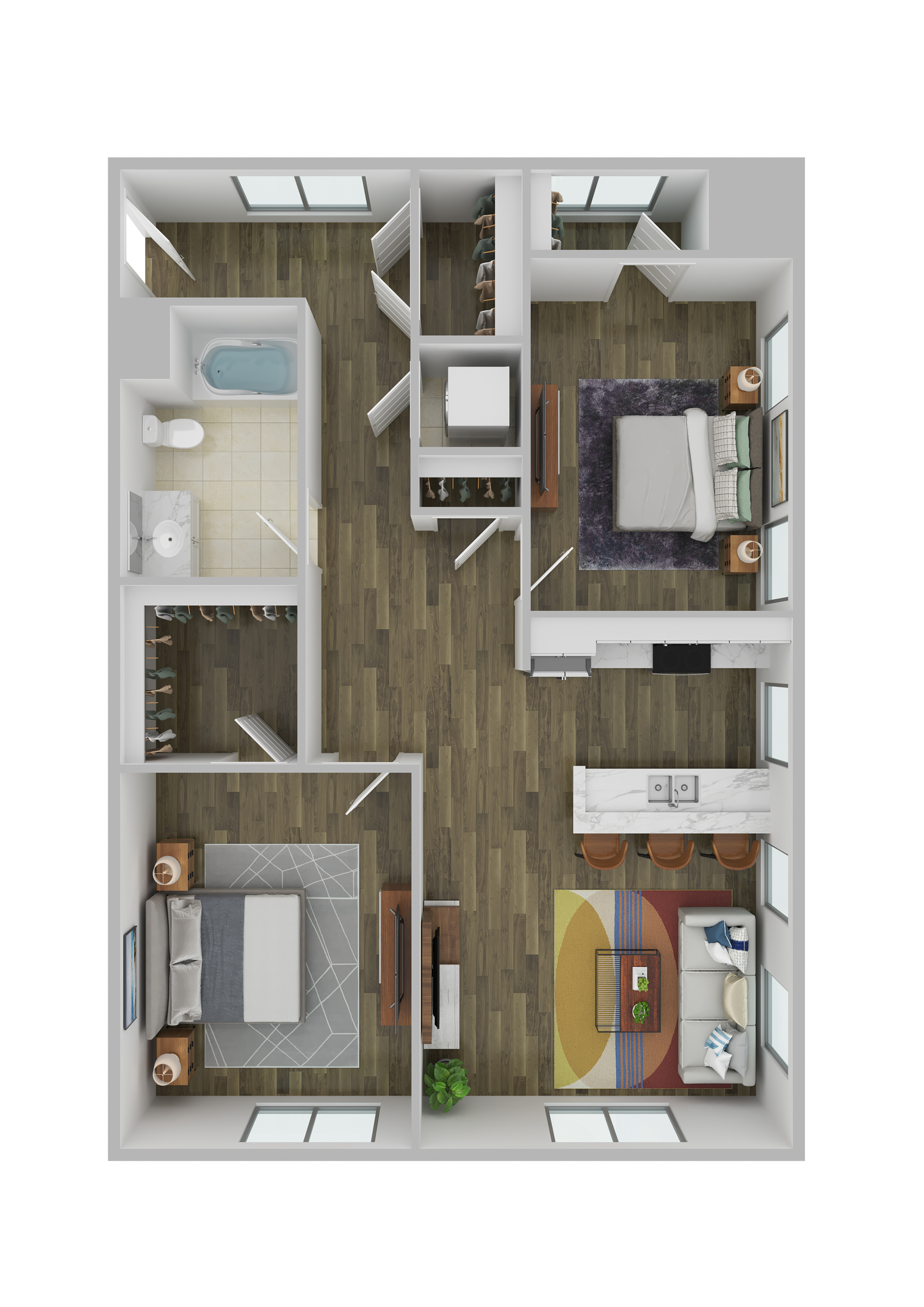 Modern floor plan depicting a spacious 2-bedroom apartment with hardwood flooring, open-concept kitchen, and cozy living area.