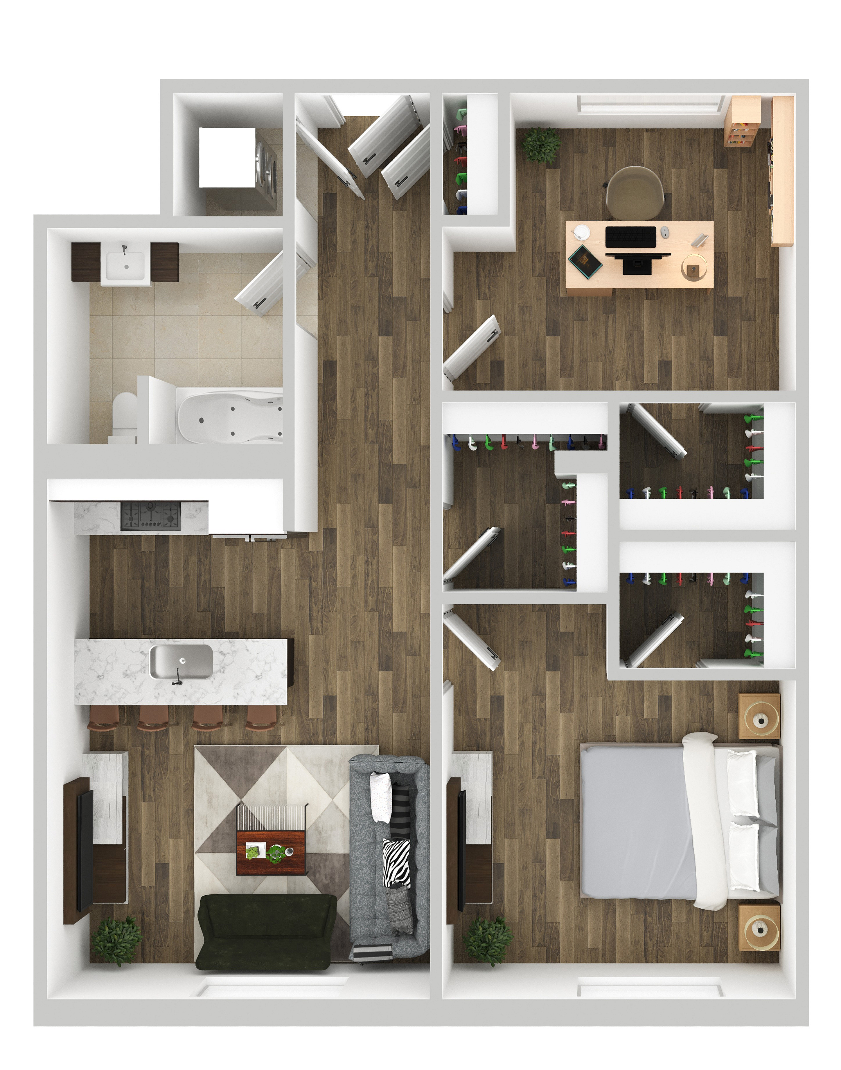 Modern 2D floor plan showcasing a chic bedroom, stylish office space, luxurious bathroom, and an open-plan living area with a sleek kitchen island.
