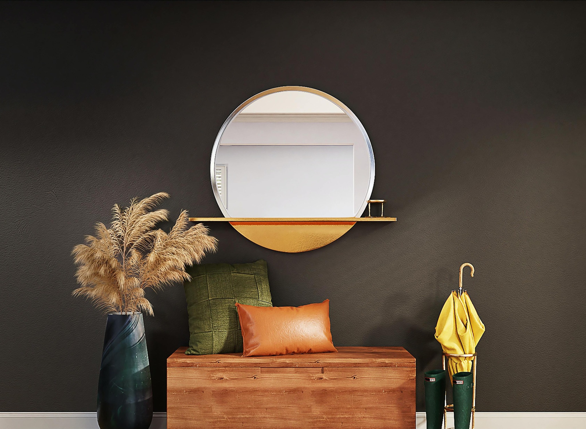 mud room wooden chest with pillows. round mirror on wall. vase with plant on left side of wooden chair, rainboots and umbrella on the right side of wooden chair
