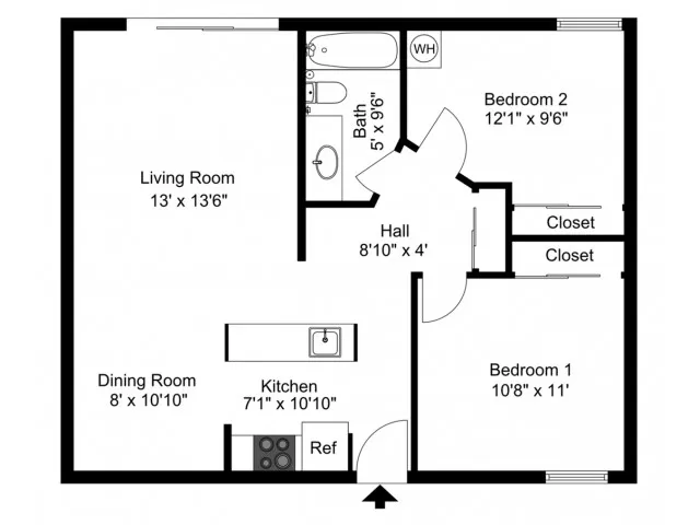 2D floorplan of two-bedroom, one-bathroom large