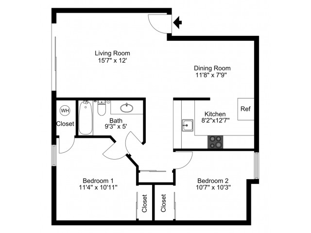 2D floorplan of two-bedroom, one-bathroom