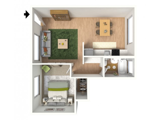 3D floorplan of one-bedroom, one-bathroom with furniture