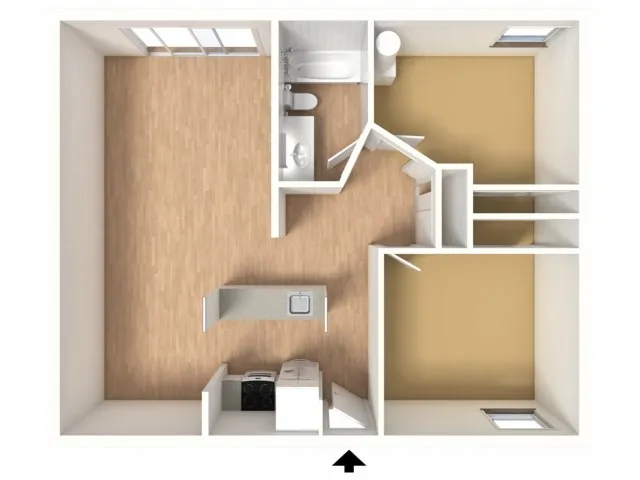 3D floorplan of two-bedroom, one-bathroom large without furniture