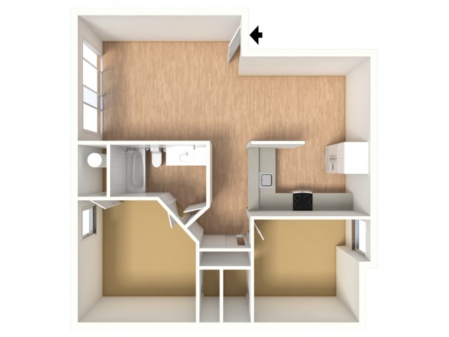3D floorplan of two-bedroom, one-bathroom without furniture