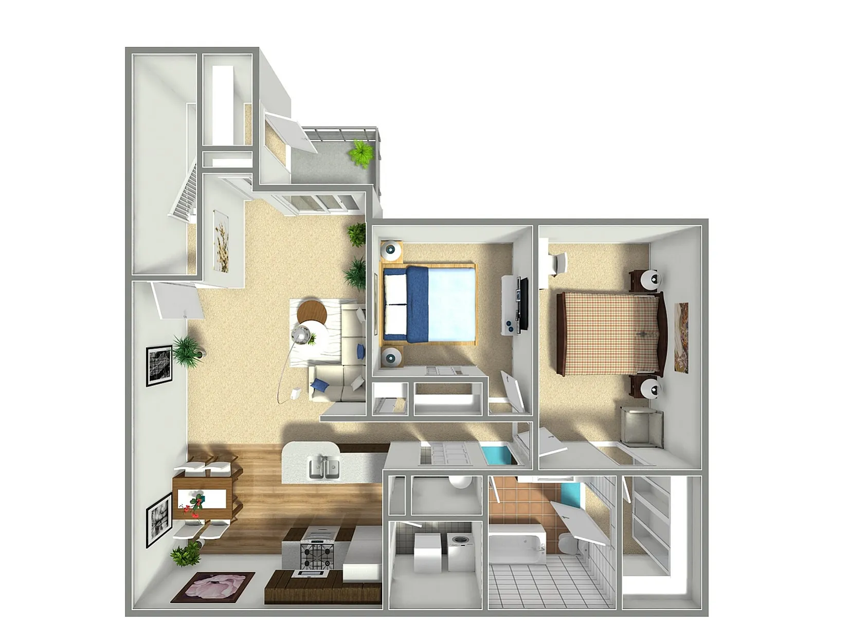 Stylish floor plan featuring two bedrooms, an open living area, modern kitchen, and bathroom.