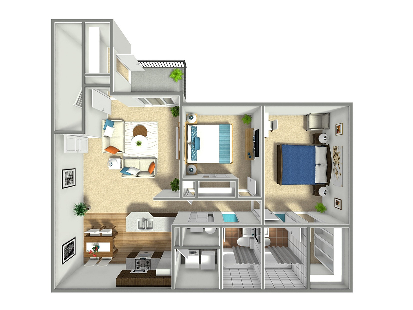 3D floor plan showcasing a modern apartment with 2 bedrooms, living room, kitchen, and two bathrooms.