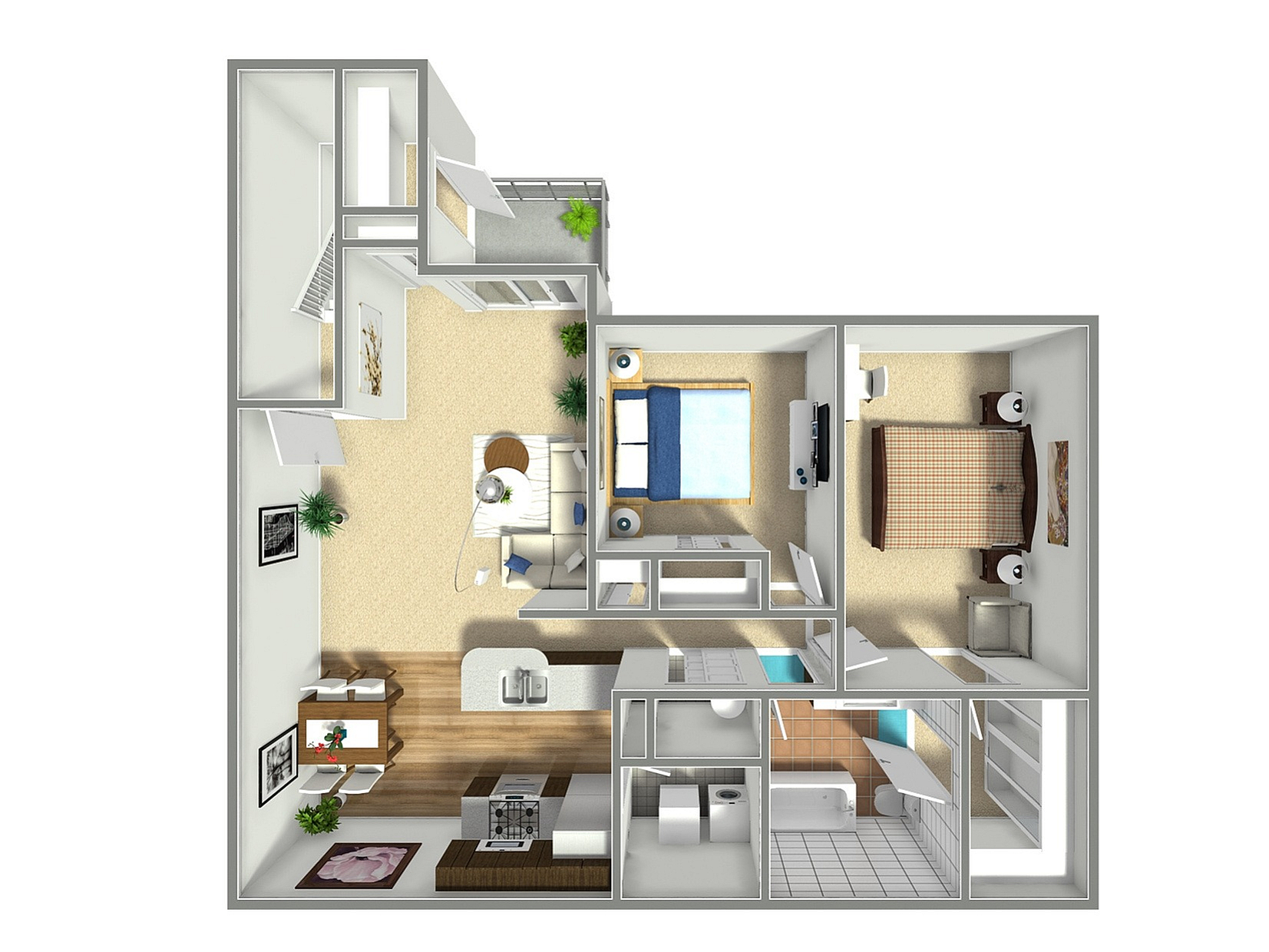 3D floor plan showcasing a chic apartment with 2 bedrooms, a cozy living room, and a modern kitchen.