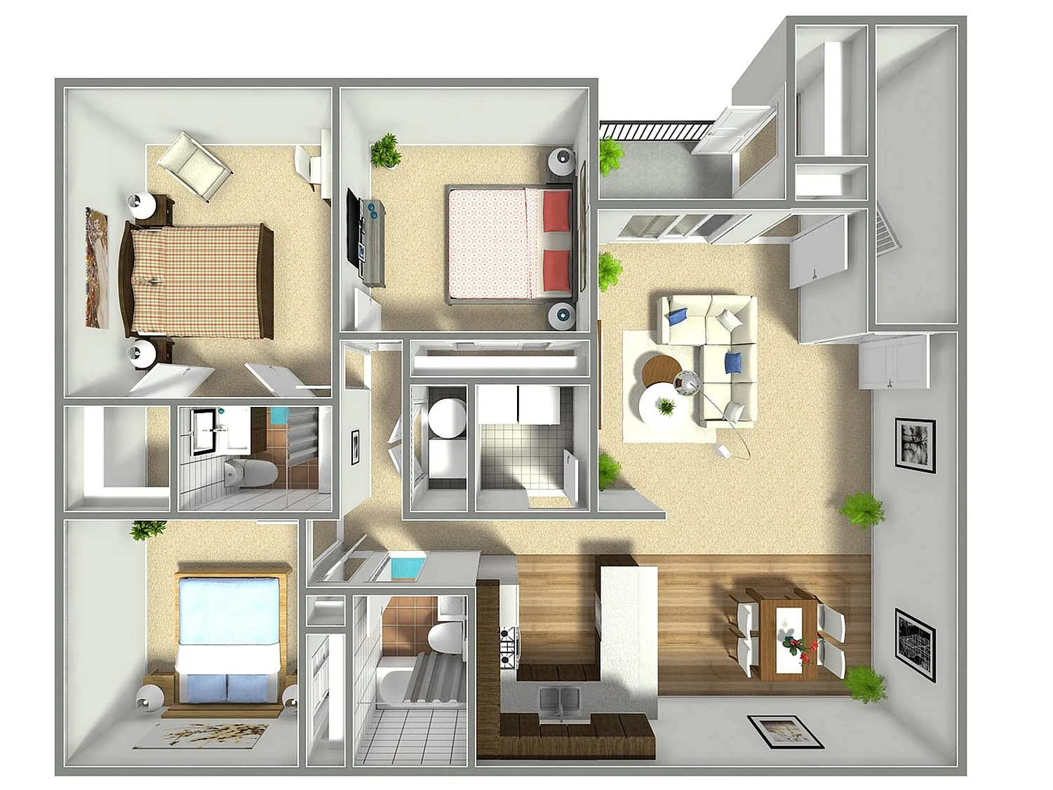 3D floor plan showcasing 3 bedrooms, a bright living area, and a modern kitchen.