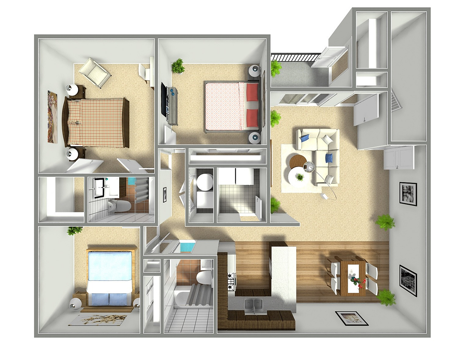 3D floor plan of a modern apartment with 3 bedrooms, open living space, and stylish kitchen.