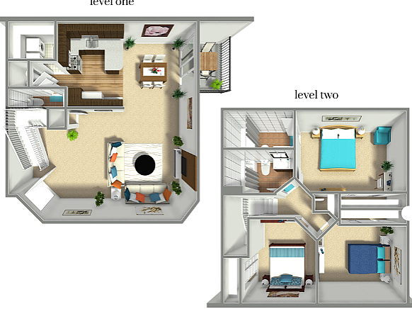3D floor plan depicting a chic duplex with an open kitchen, living area on level one, and three bedrooms on level two.