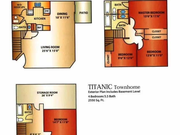 Titanic Townhome floor plan featuring 4 bedrooms and 3.5 baths across 2550 sq. ft. Includes a spacious living room, dining area, and a patio, with basement level storage room.