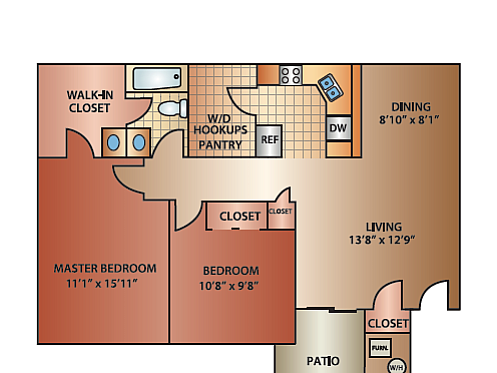 Modern \'Sierra\' floor plan with 2 bedrooms, 1.25 baths, and 1180 sq ft, featuring open living and dining areas, a spacious kitchen, and a serene patio.