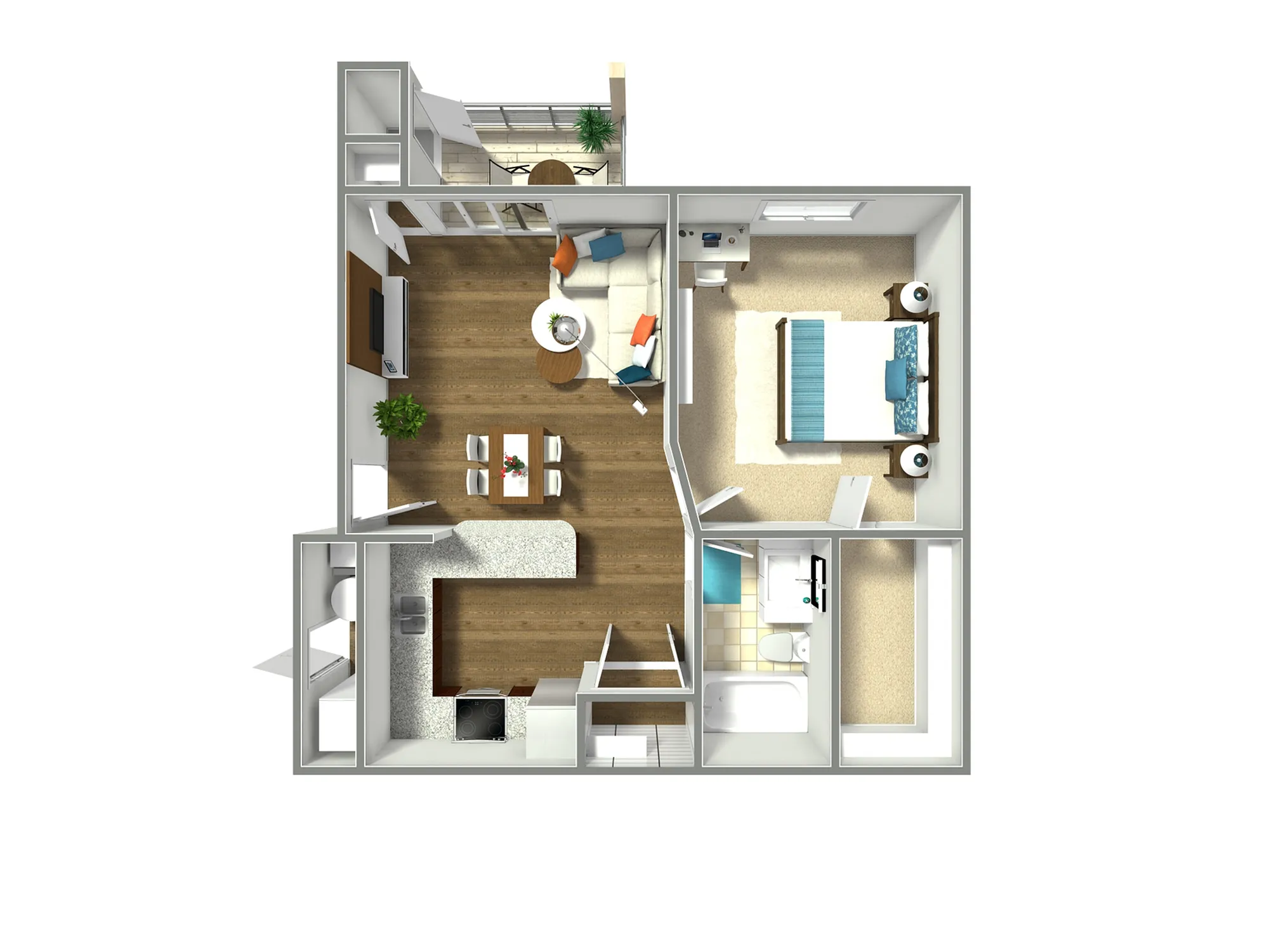 Bright 3D floor plan with one bedroom, open living space, and modern kitchen.