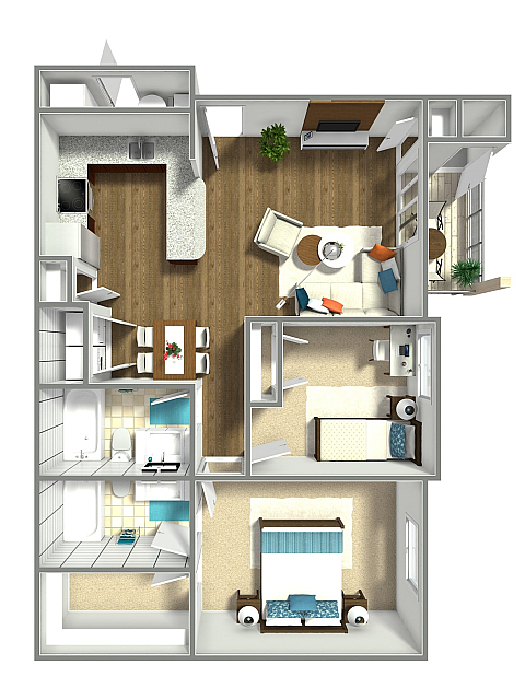 Elegant 3D floor plan featuring 2 bedrooms, a spacious living area, and modern kitchen layout.