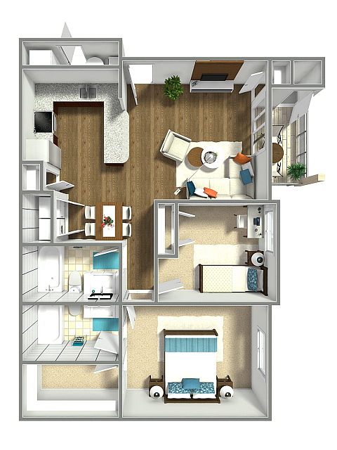 3D floor plan of a stylish apartment with 2 bedrooms, an open living area, and a modern kitchen.