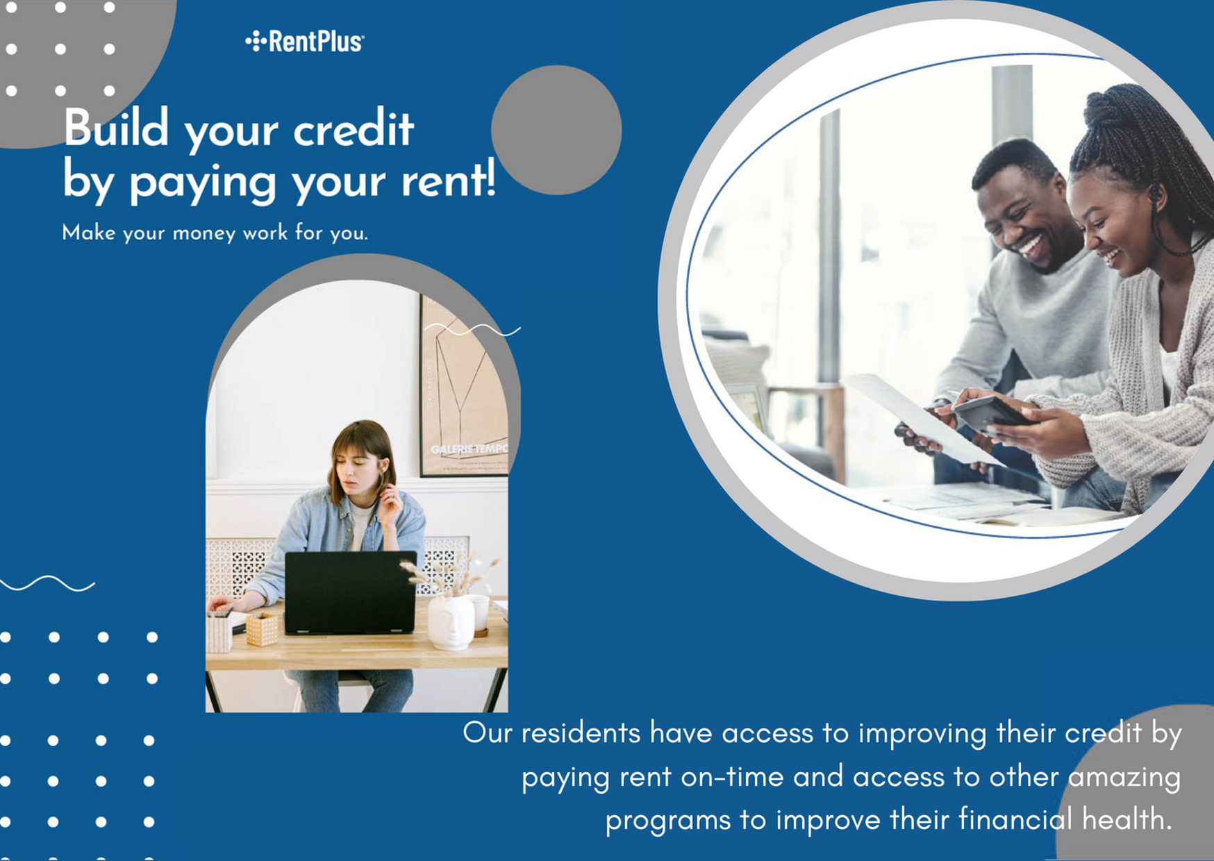 Promotional image for RentPlus illustrating credit-building through rent payments, featuring diverse individuals using technology.