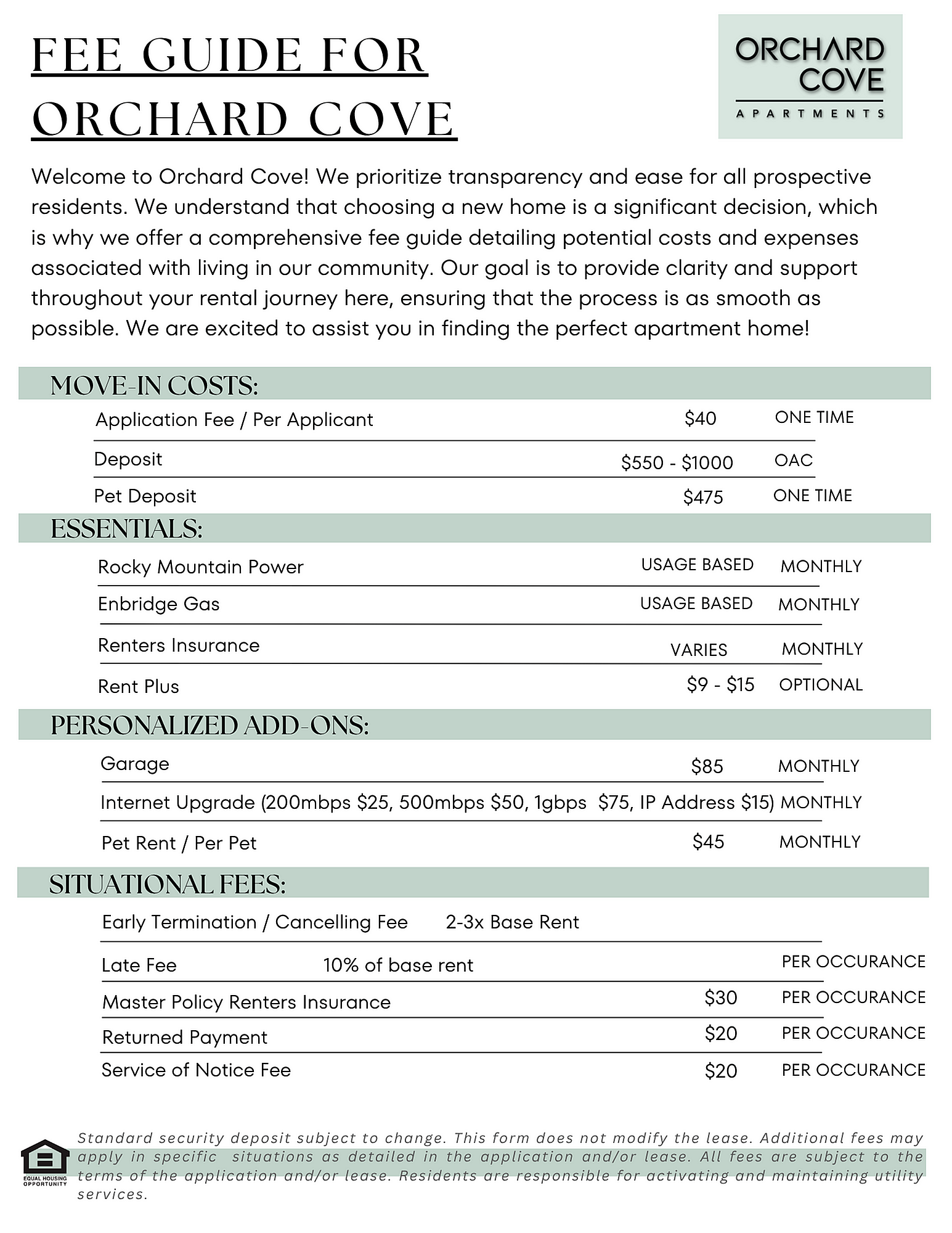 Transparent fee guide for Orchard Cove Apartments detailing move-in costs, essentials, personalized add-ons, and situational fees for a streamlined rental experience.