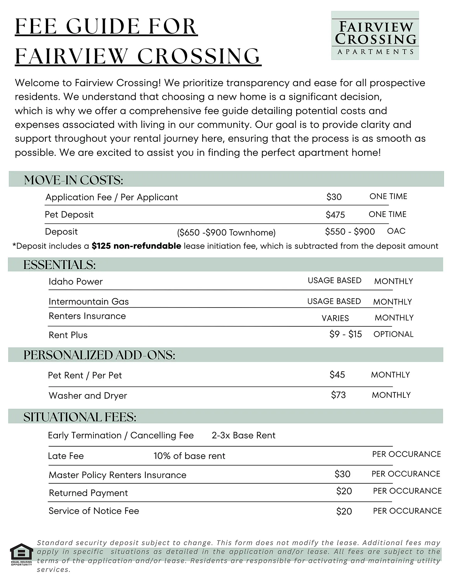 Fairview Crossing fee guide highlighting transparent rental costs, move-in fees, and personalized options for a smooth transition.