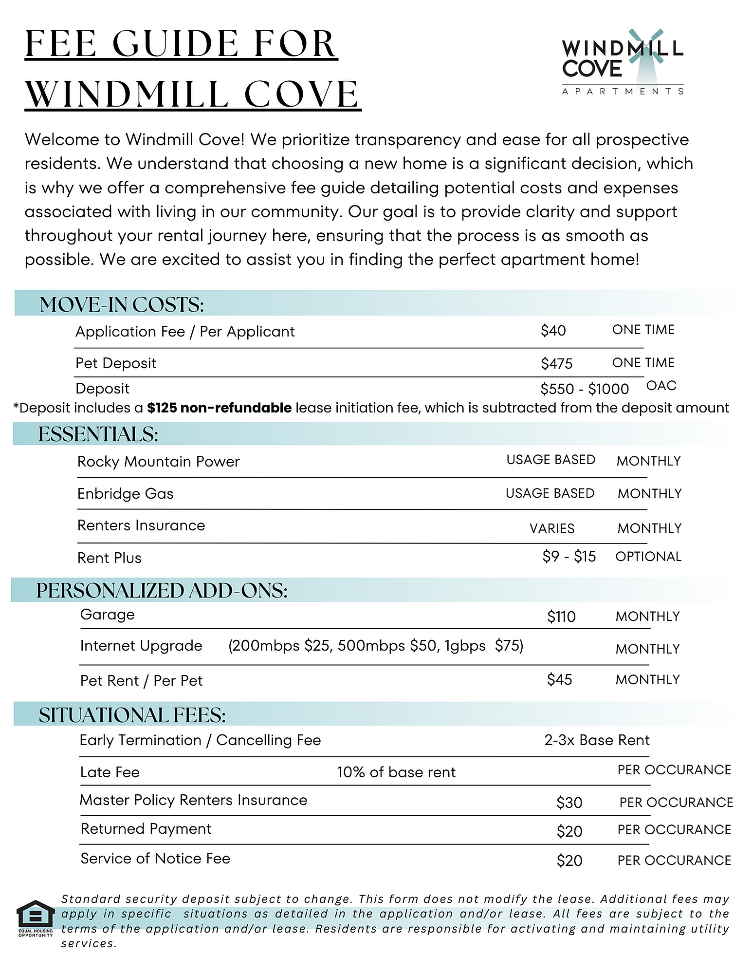 Windmill Cove fee guide highlighting transparent and supportive cost details, including move-in costs, essential expenses, and personalized add-ons for a smooth rental experience.