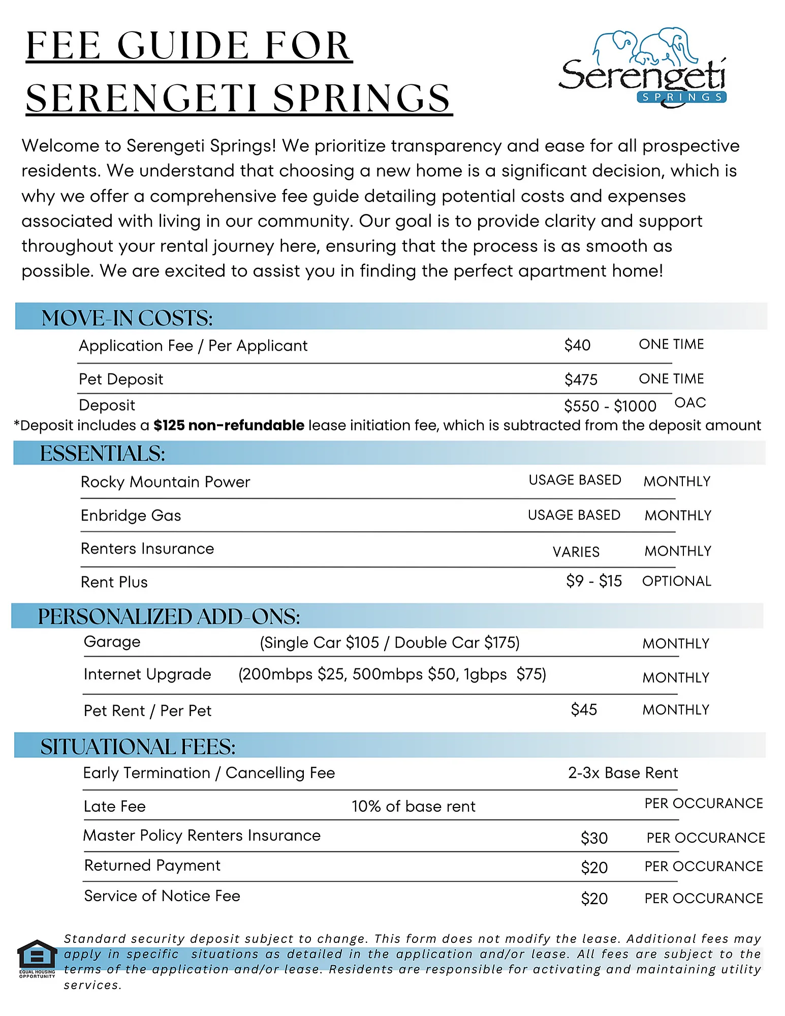 Serengeti Springs fee guide with move-in costs, personalized add-ons, and situational fees highlighted for new residents.