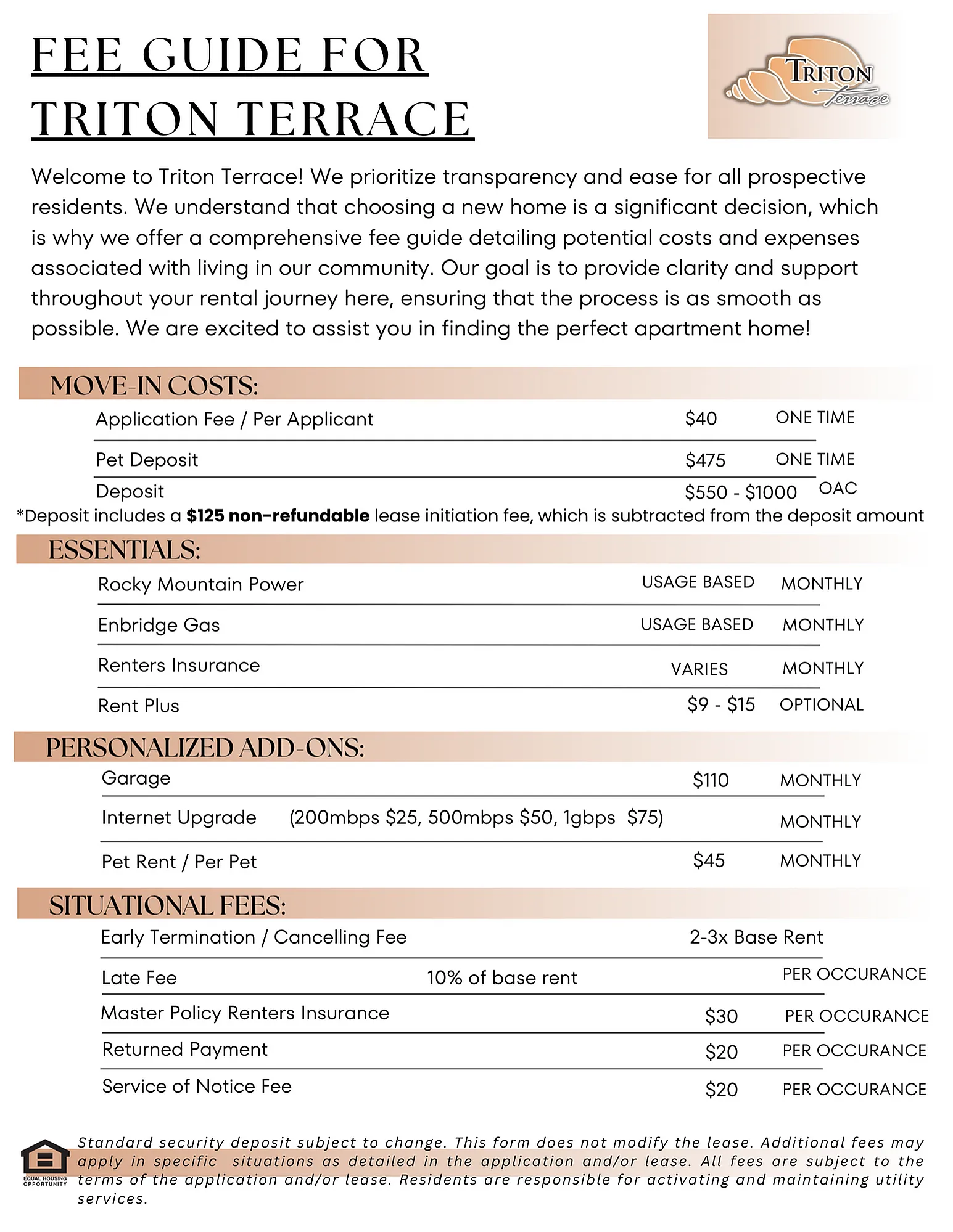 Transparent fee guide for Triton Terrace outlining move-in costs, essential monthly expenses, and personalized add-ons for a smooth rental experience.