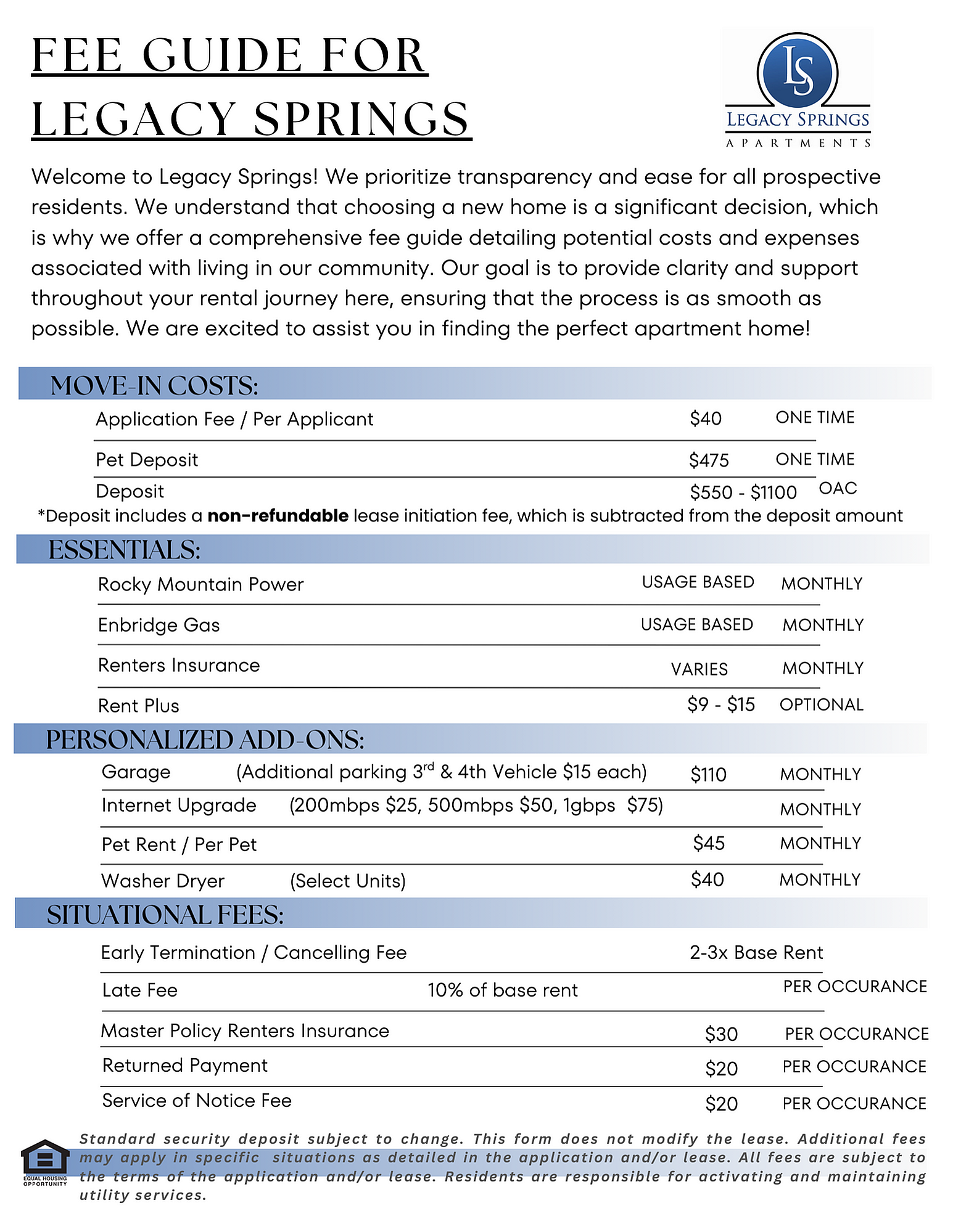 Comprehensive fee guide for Legacy Springs Apartments highlighting transparent move-in costs, essential utilities, personalized add-ons, and situational fees for prospective residents.