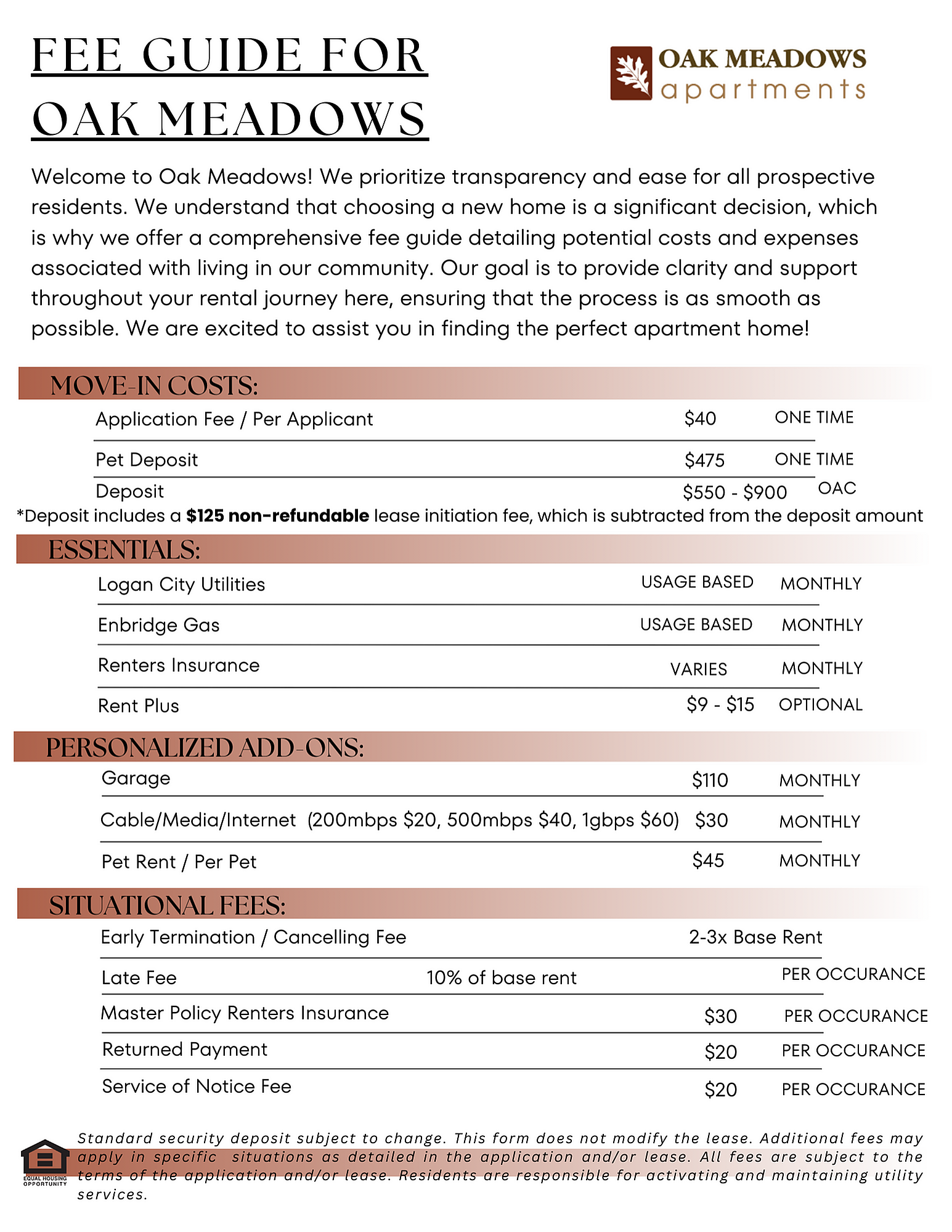Oak Meadows Apartments fee guide detailing transparent move-in costs, essentials, and personalized add-ons for a seamless rental experience.