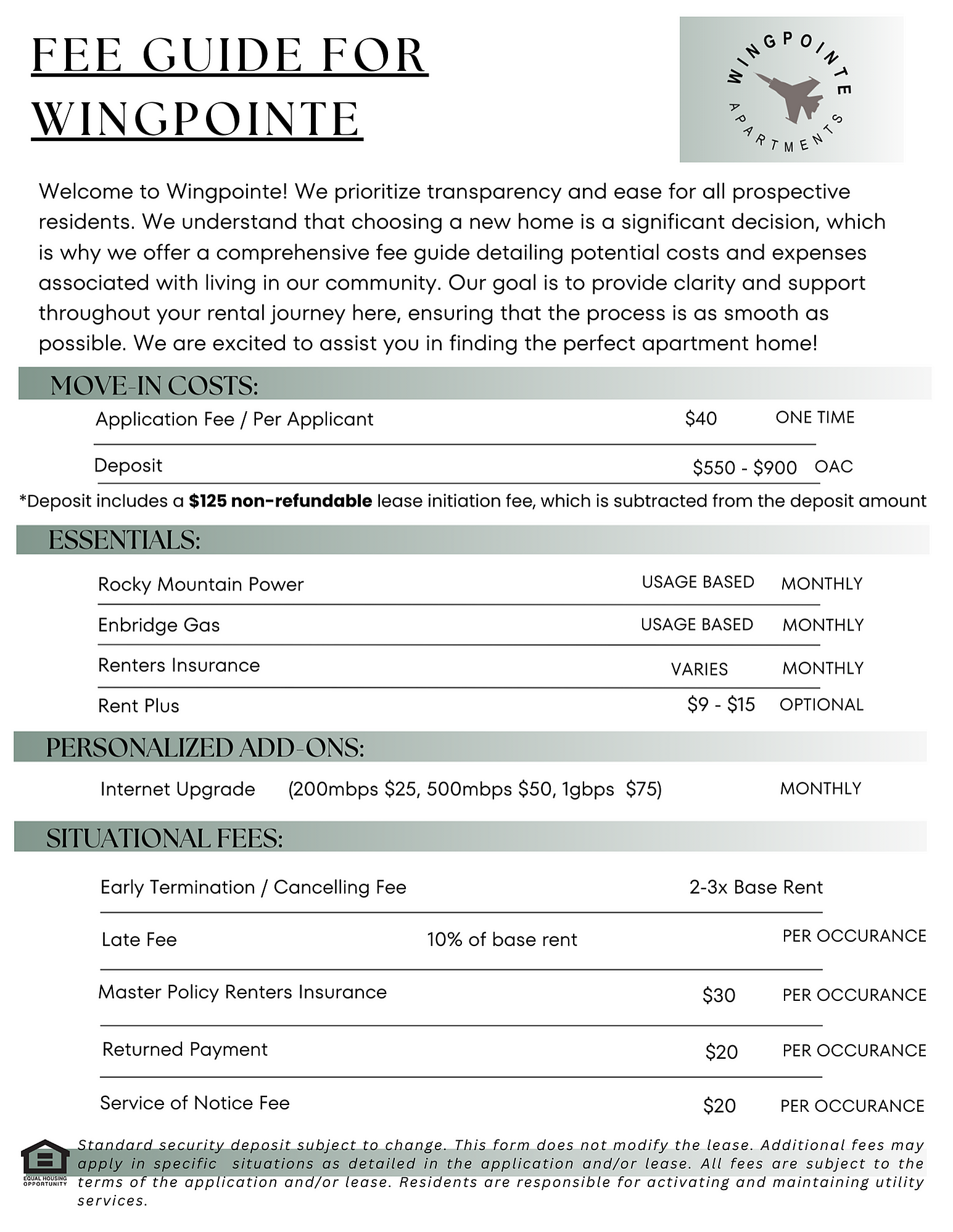 Detailed fee guide for Wingpointe Apartments highlighting clear pricing with options for internet upgrades, personalized add-ons, and essentials. Transparent costs to support your easy rental journey.