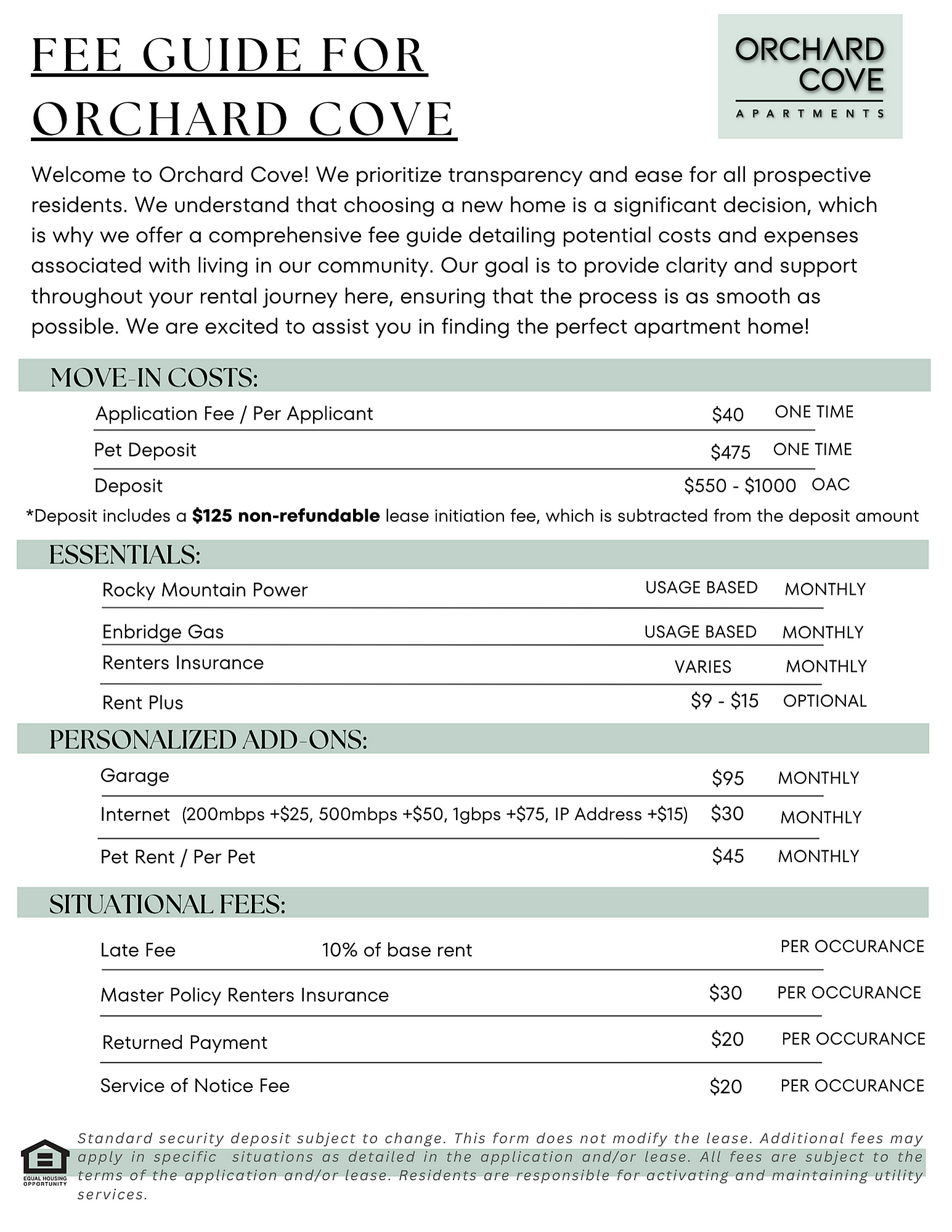 Detailed Orchard Cove fee guide highlighting transparent move-in costs and personalized add-on options for a seamless rental experience.