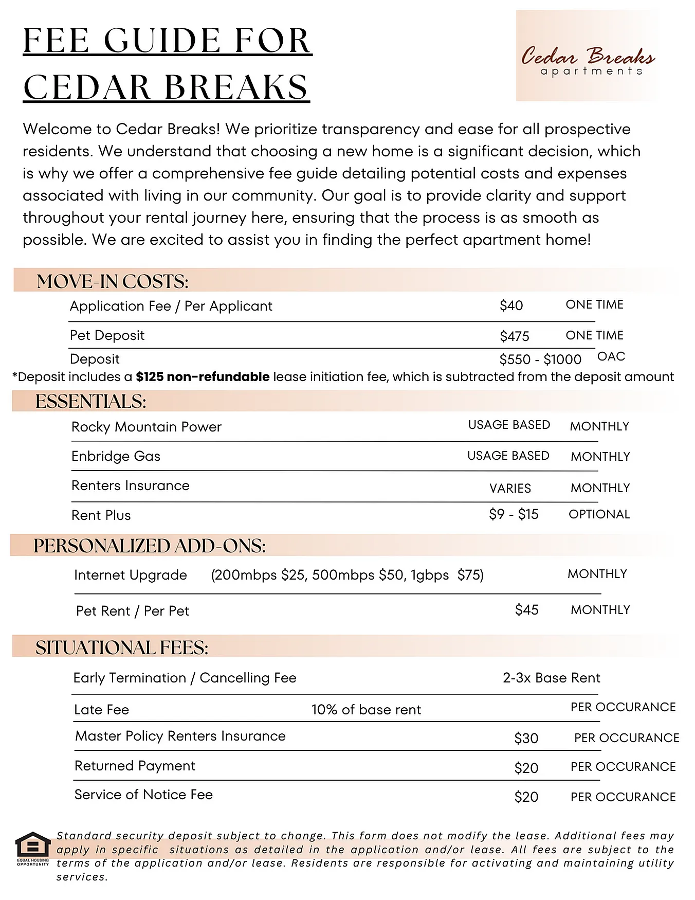 Comprehensive fee guide for Cedar Breaks apartments, detailing all application and move-in costs, personalized add-ons, and situational fees for a seamless rental experience.