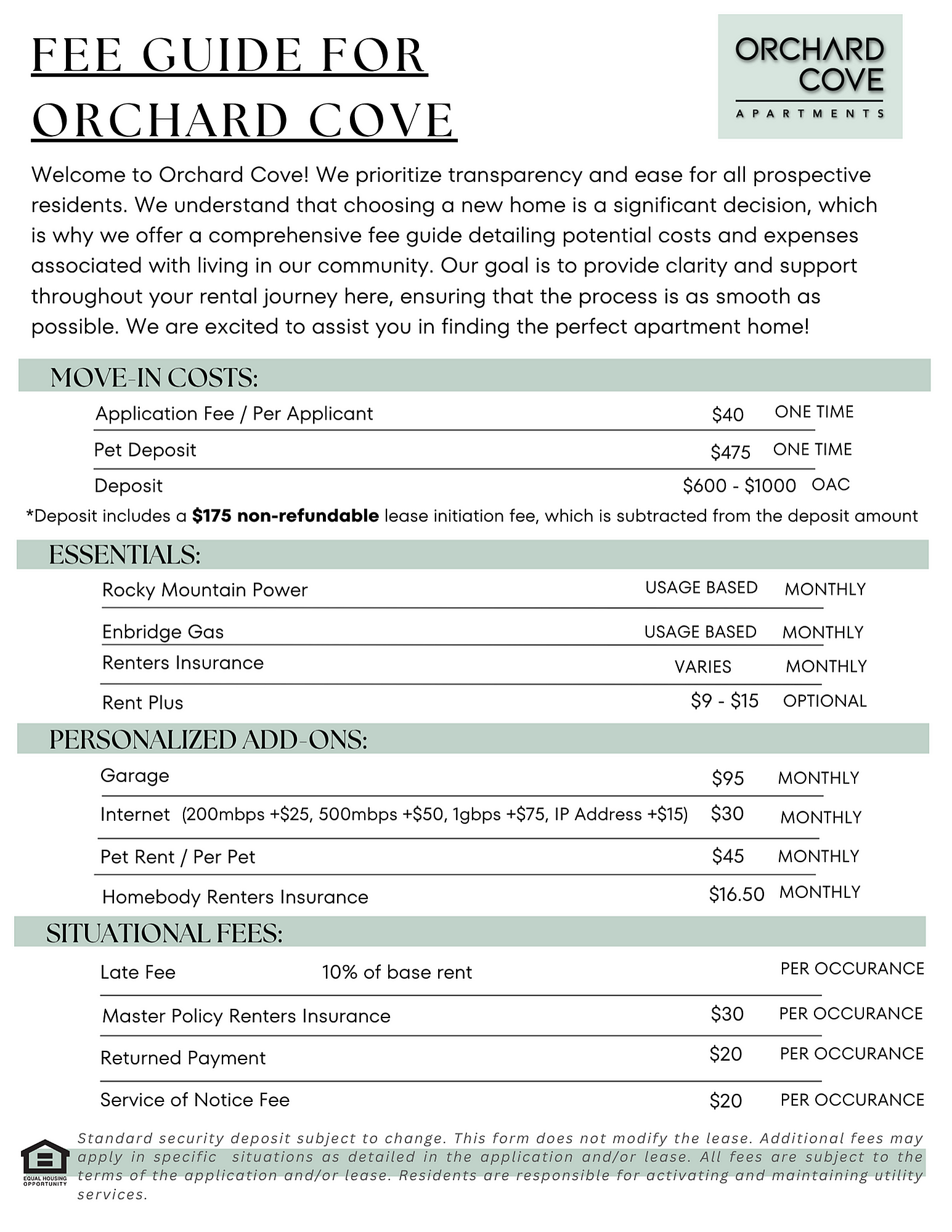 Orchard Cove Fee Guide