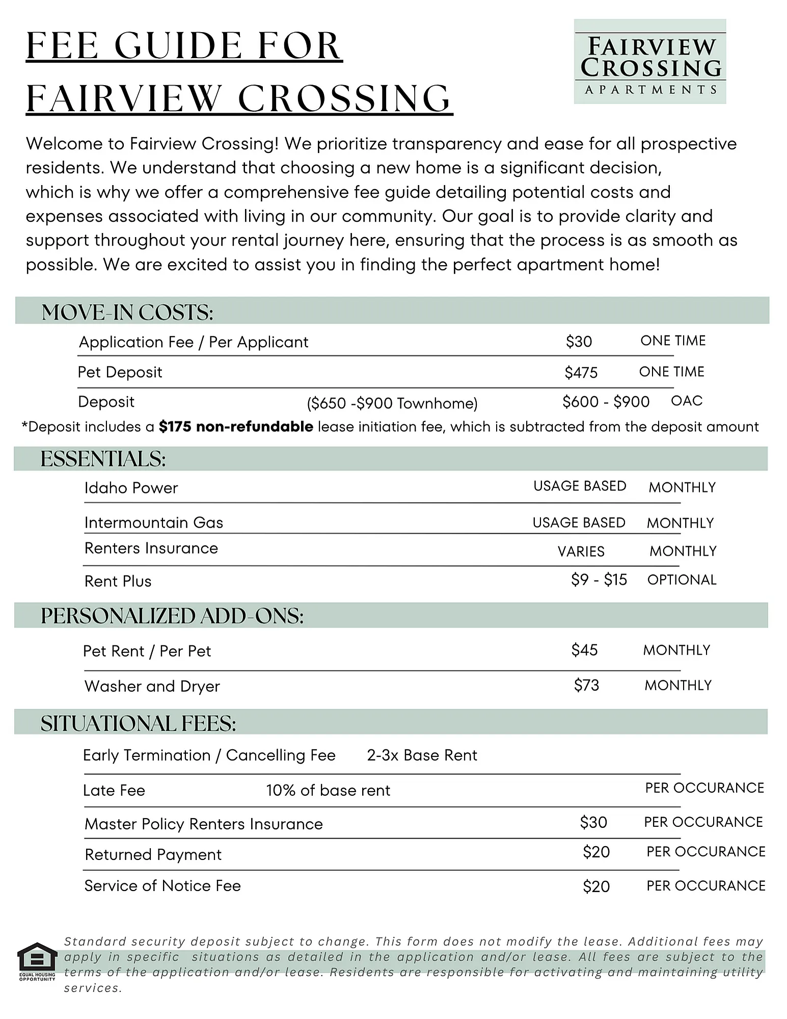 Fairview Crossing - Fee Guide