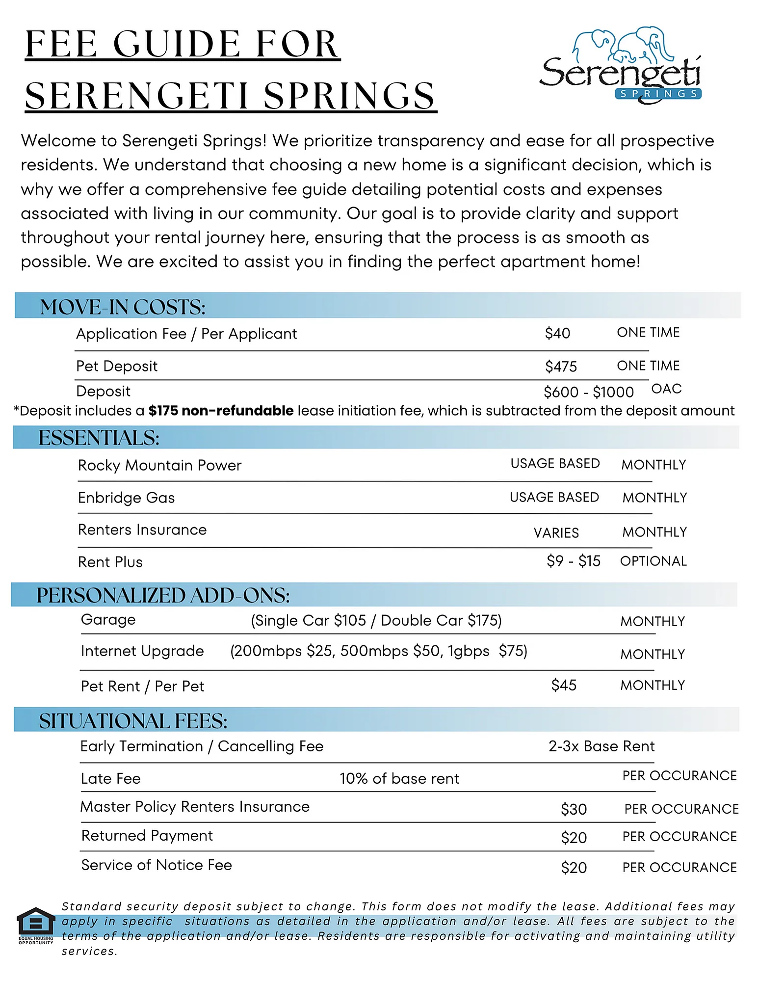 Serengeti Springs Fee Guide