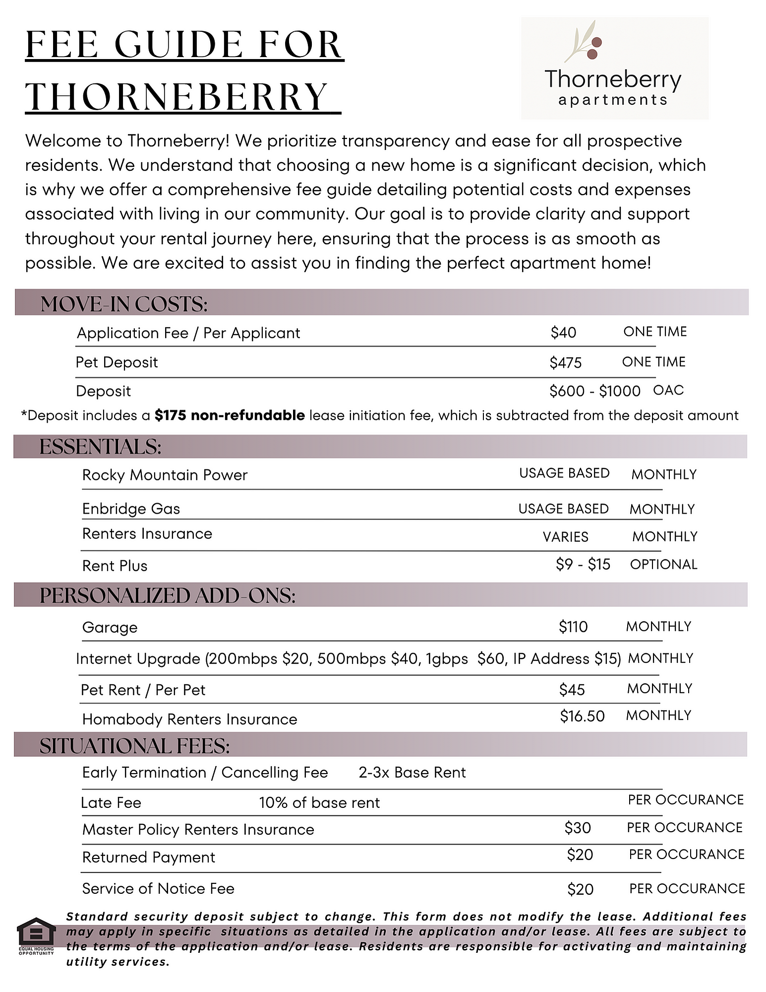 Thorneberry Apartments - Fee Guide