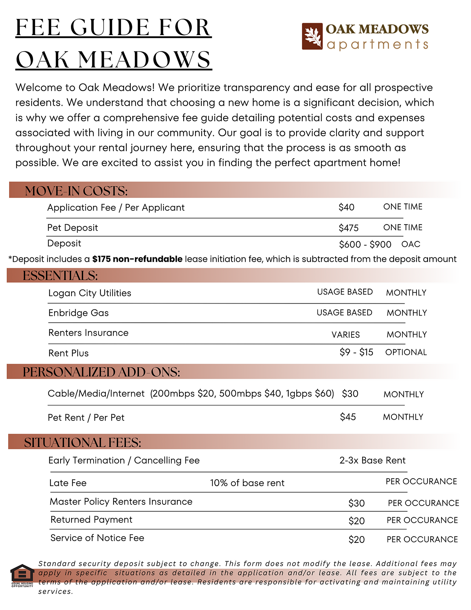 Oak Meadows - Fee Guide